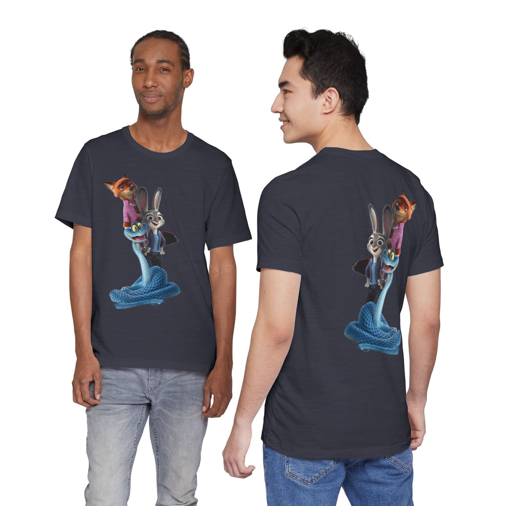 Animated Character Tee — Cute Fox & Bunny Stack Graphic T-Shirt  cartoon-style Christmas artwork