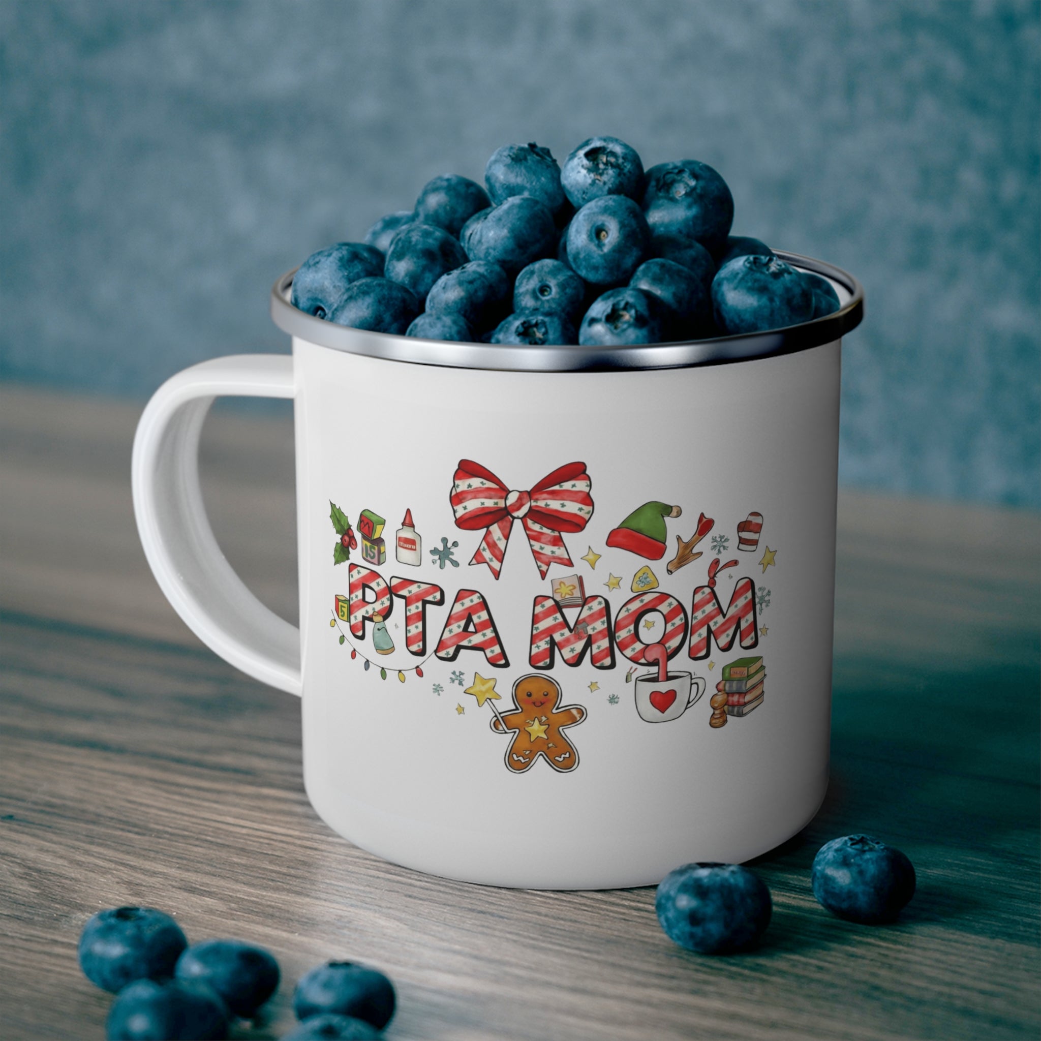 Enamel Mug "PTA Mom" Holiday Camping Coffee Cup Christmas Candy Cane Design School Staff Christmas Mug Collection