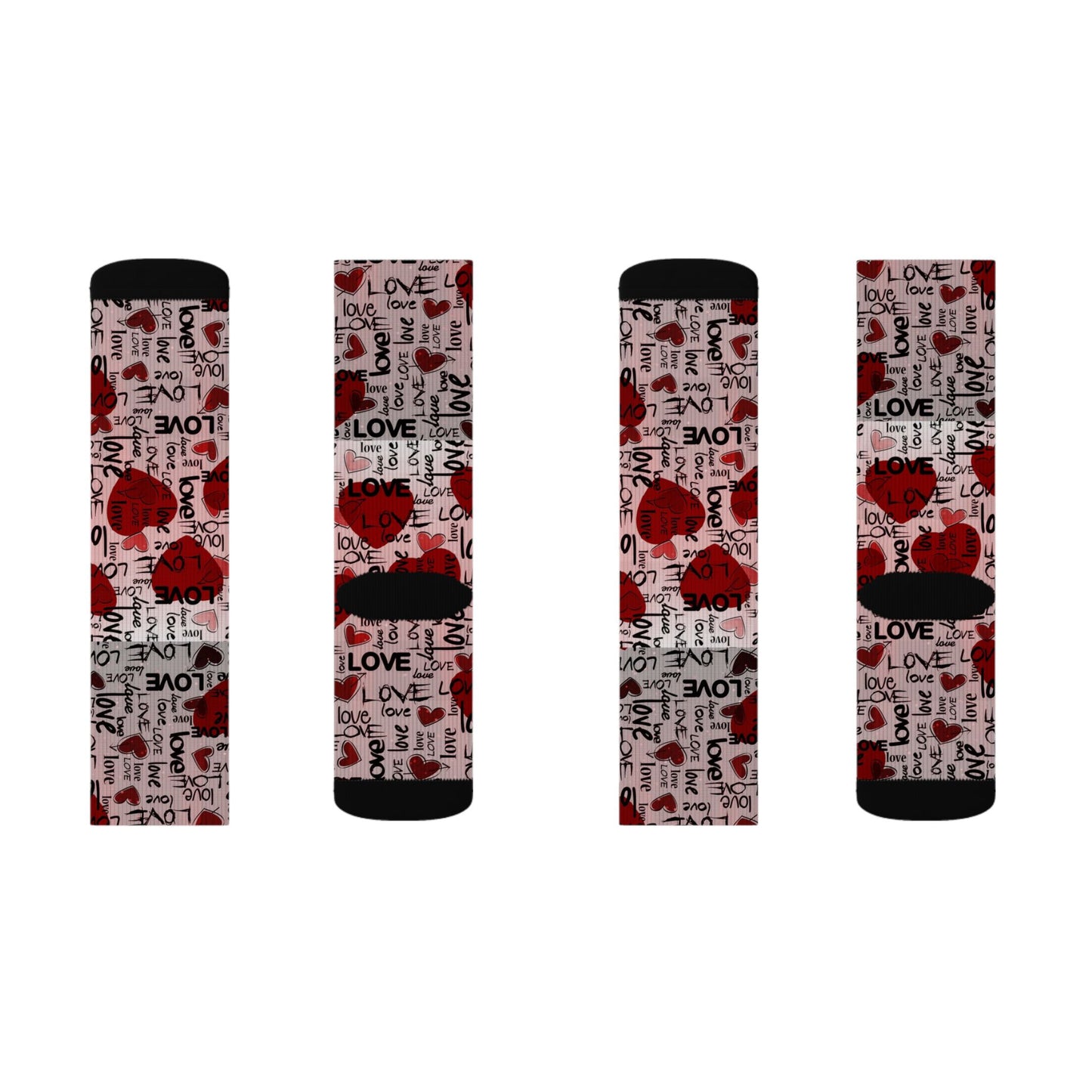 Valentine Heart Sublimation Socks – I Love You Pattern, Red Rose & Script Crew Socks
