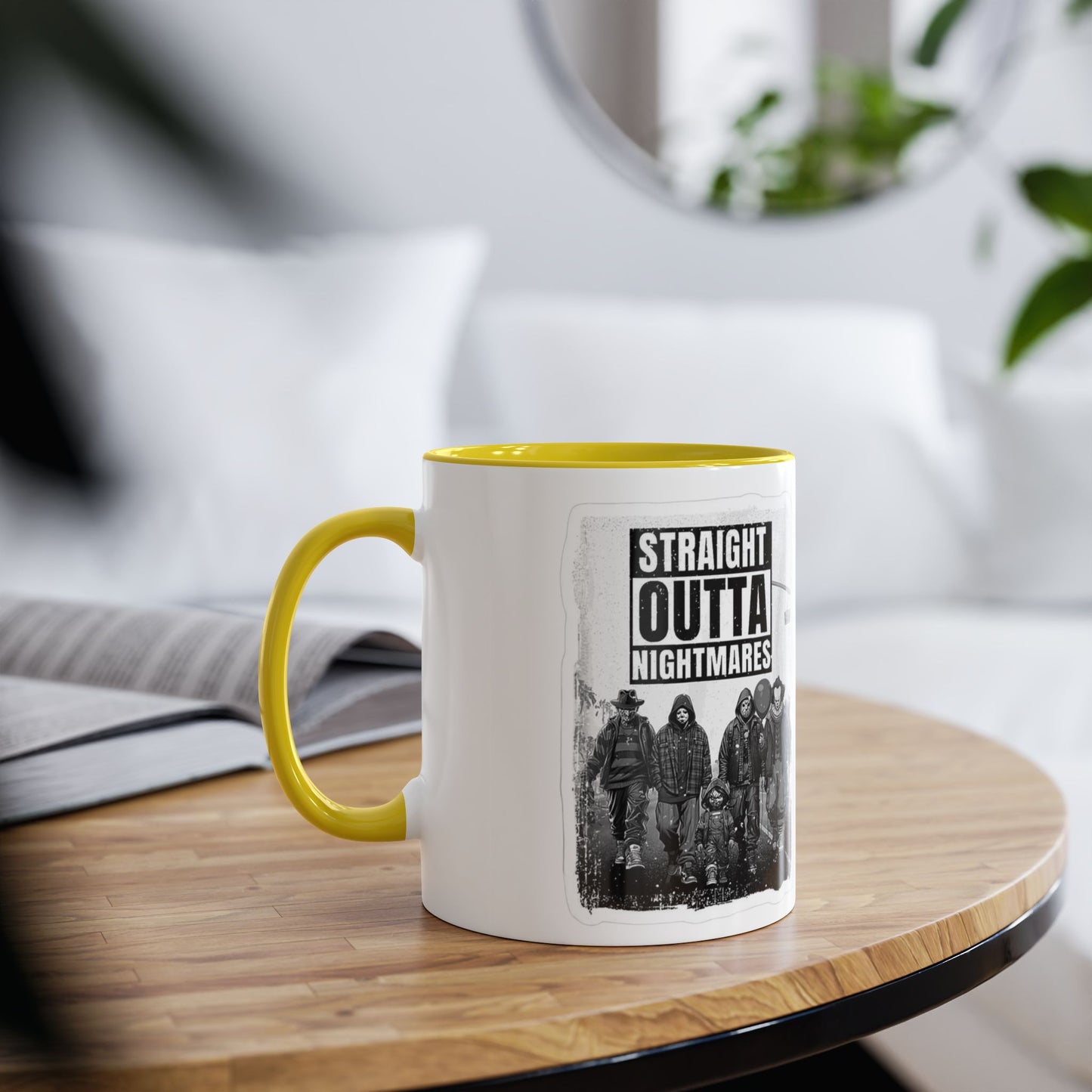 Straight Outta Nightmares Two-Tone Coffee Mug, Unique Gift for Halloween, Fun Office Decor, Red Handle Mug, Collectible Coffee Cup