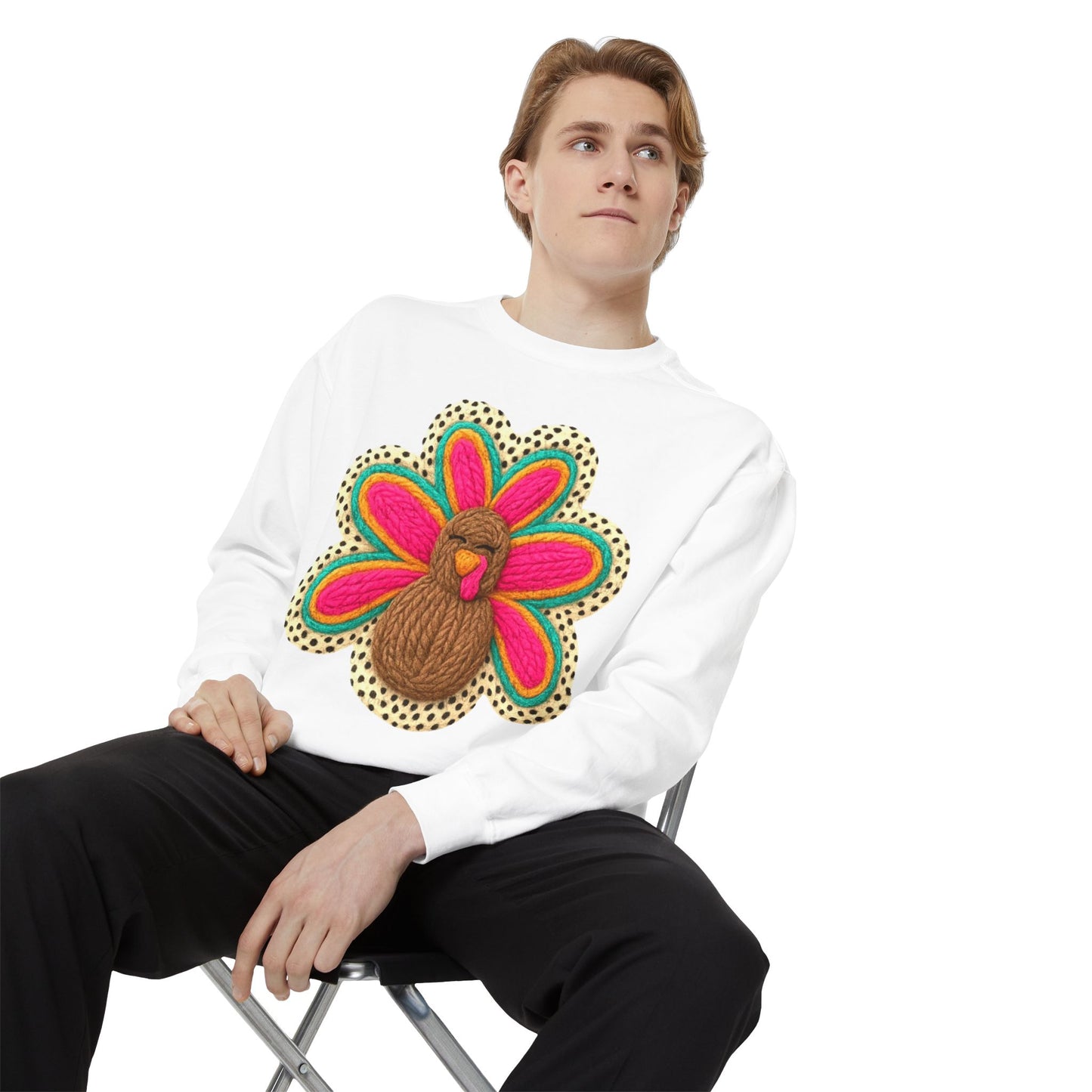 Festive Holiday Designs Turkey Patch Sweatshirt — Colorful Embroidered Thanksgiving Pullover