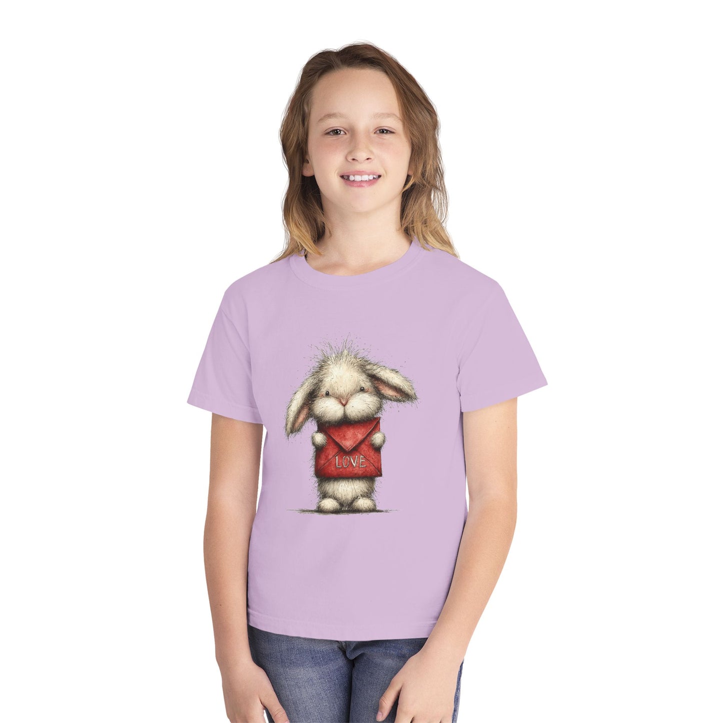 Kids Tee  Cute Bunny Holding "Love" Heart Graphic (Youth Midweight)