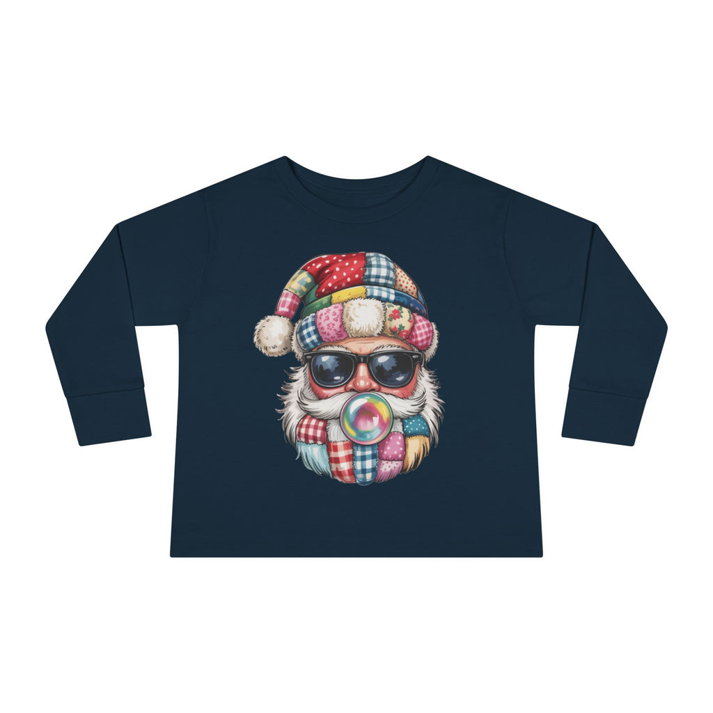 Toddler Long Sleeve Tee  Cool Santa with Patchwork Hat & Bubblegum Graphic