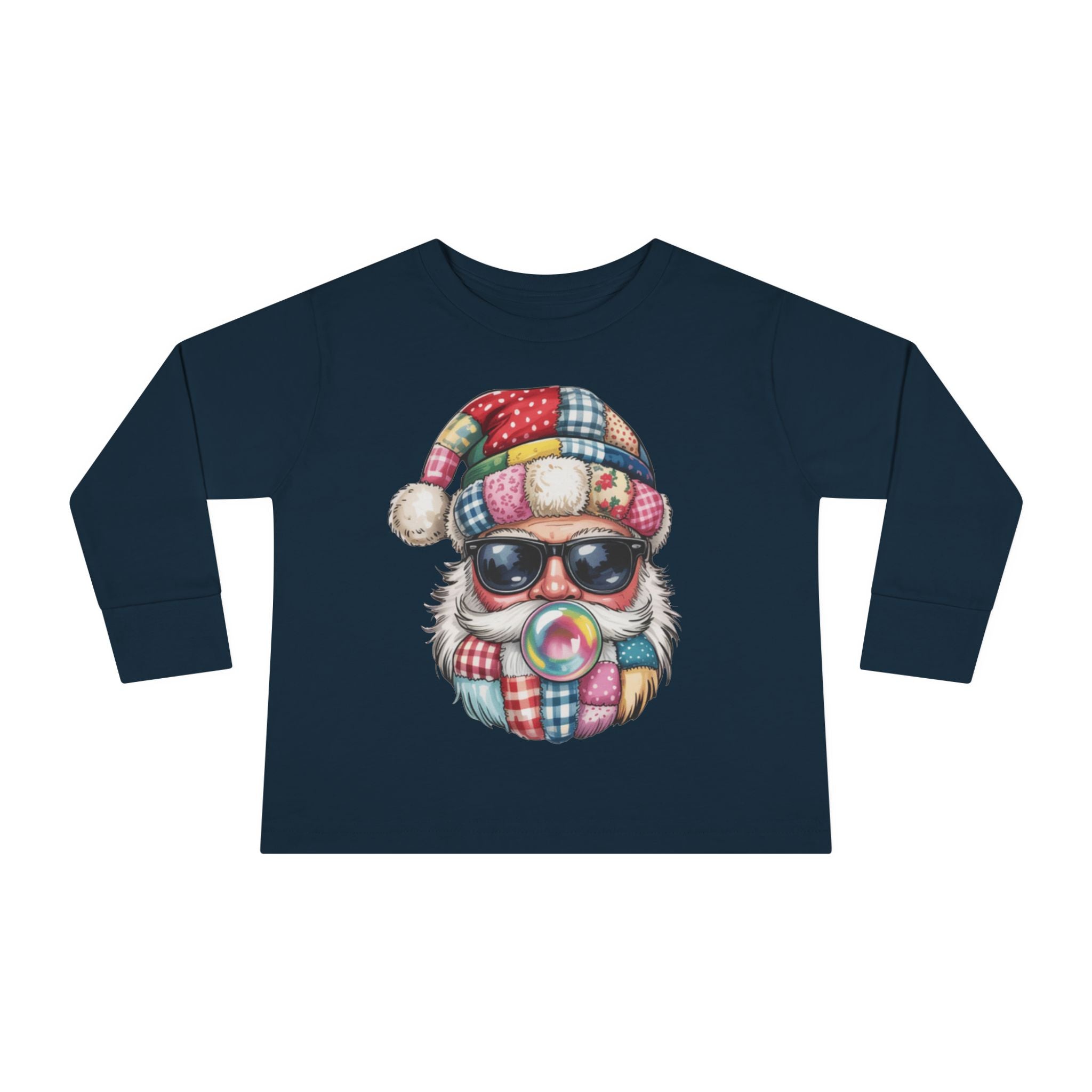 Toddler Long Sleeve Tee  Cool Santa with Patchwork Hat & Bubblegum Graphic