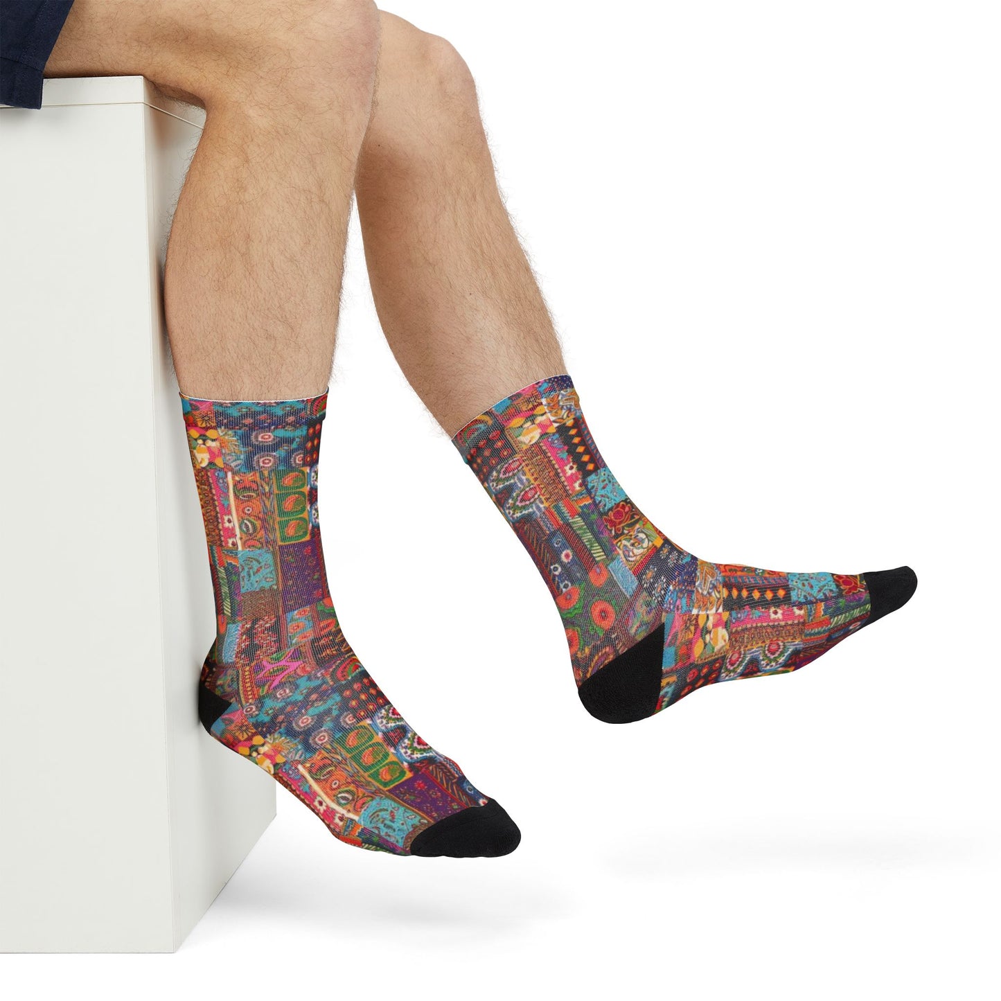 Colorful Patchwork Crew Socks Vibrant Boho Sublimation Design