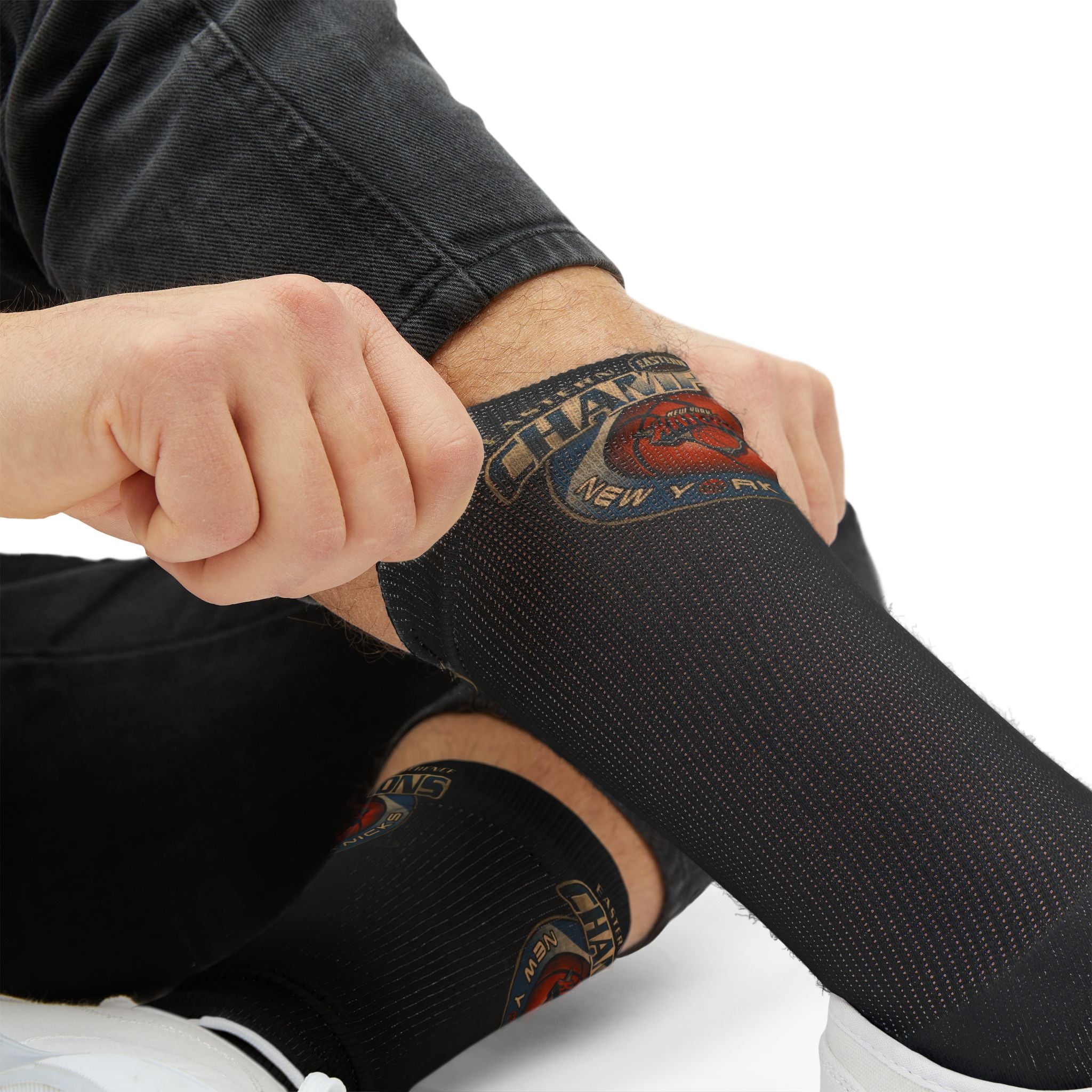 NY*K Basketball Black Sublimation Crew Socks with Vintage Motorcycle Badge Design