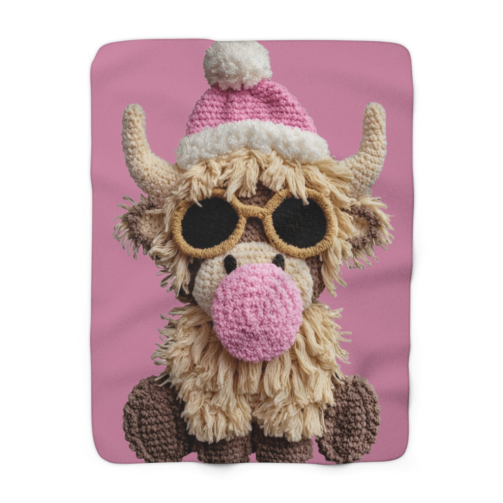 Santa’s Little Snuggle Blanket Cute Highland Cow Sherpa Blanket  Pink Knit Hat & Sunglasses Plush Throw