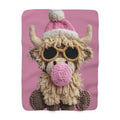 Santa’s Little Snuggle Blanket Cute Highland Cow Sherpa Blanket  Pink Knit Hat & Sunglasses Plush Throw