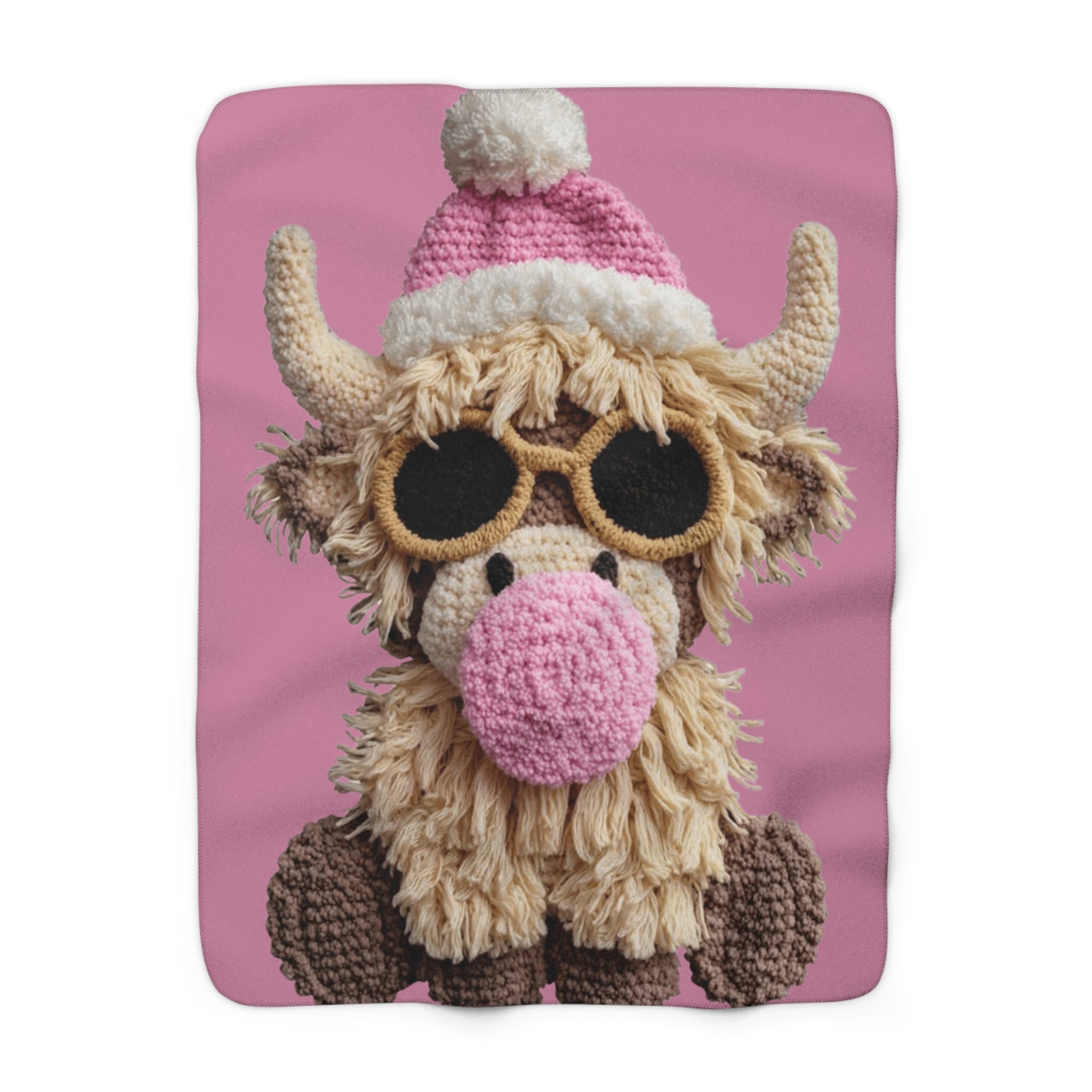 Santa’s Little Snuggle Blanket Cute Highland Cow Sherpa Blanket  Pink Knit Hat & Sunglasses Plush Throw
