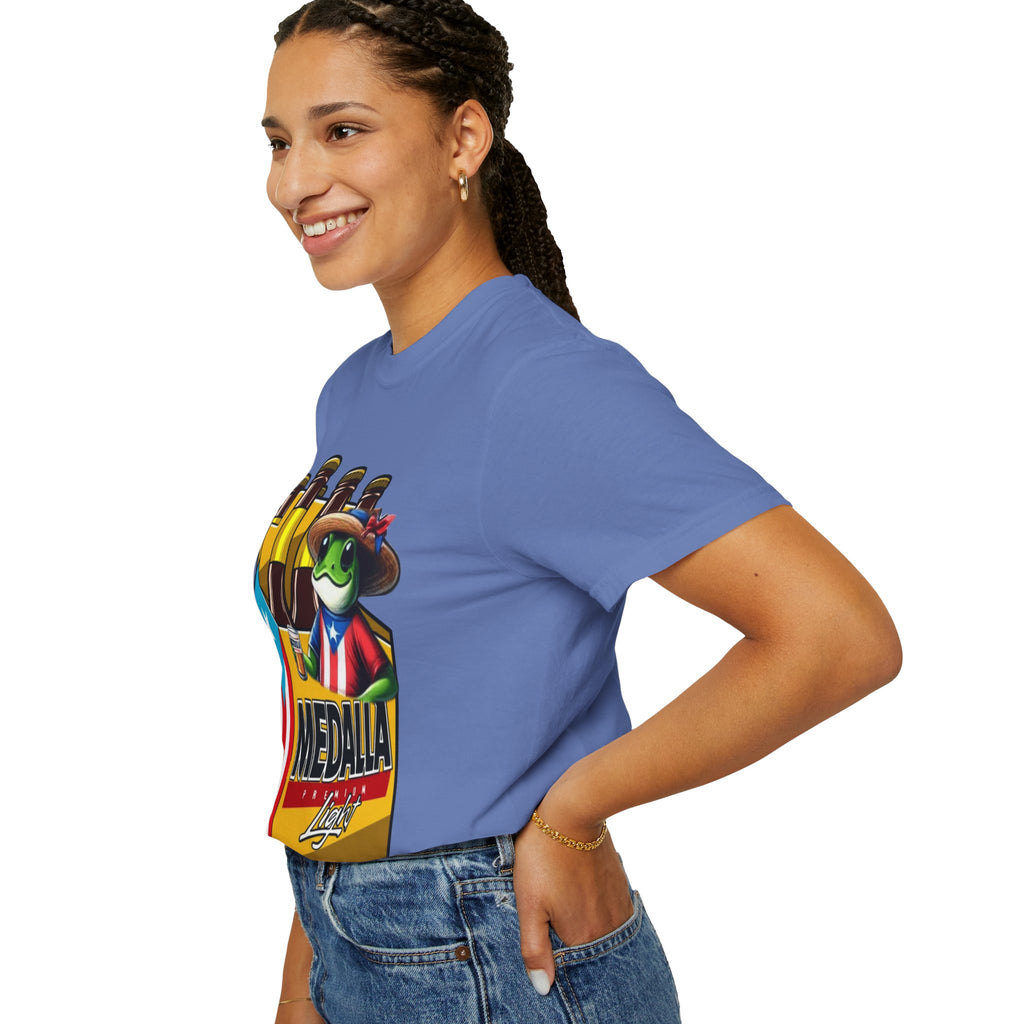 Medalla Light Puerto Rican Beer T-Shirt Coqui Frog Mascot Six-Pack Graphic Tee Puerto Rico’s Navidades