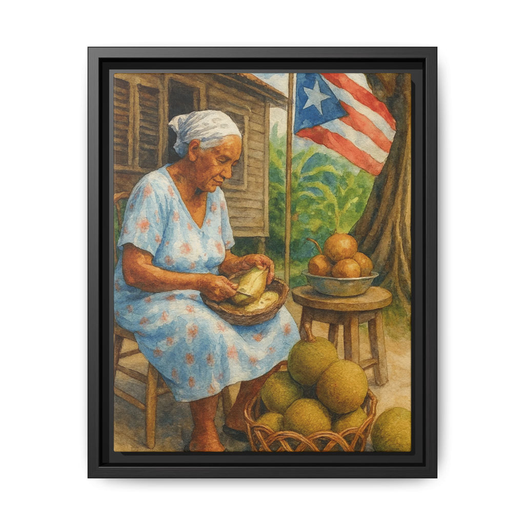 Cultural & Story-Driven These Puerto Rico inspired  Framed Matte Canvas Print  Woman Shelling Fruit Vintage Tropical Painting