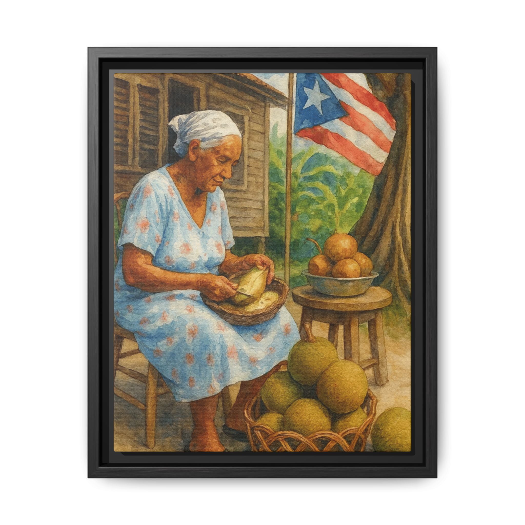 Cultural & Story-Driven These Puerto Rico inspired  Framed Matte Canvas Print  Woman Shelling Fruit Vintage Tropical Painting