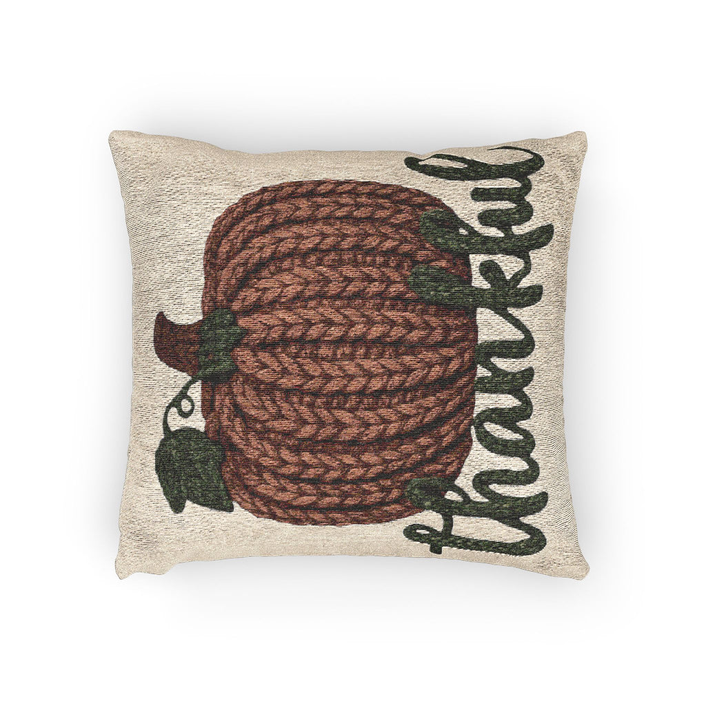 Thankful Pumpkin Woven Pillow — Fall Harvest Decorative Cushion