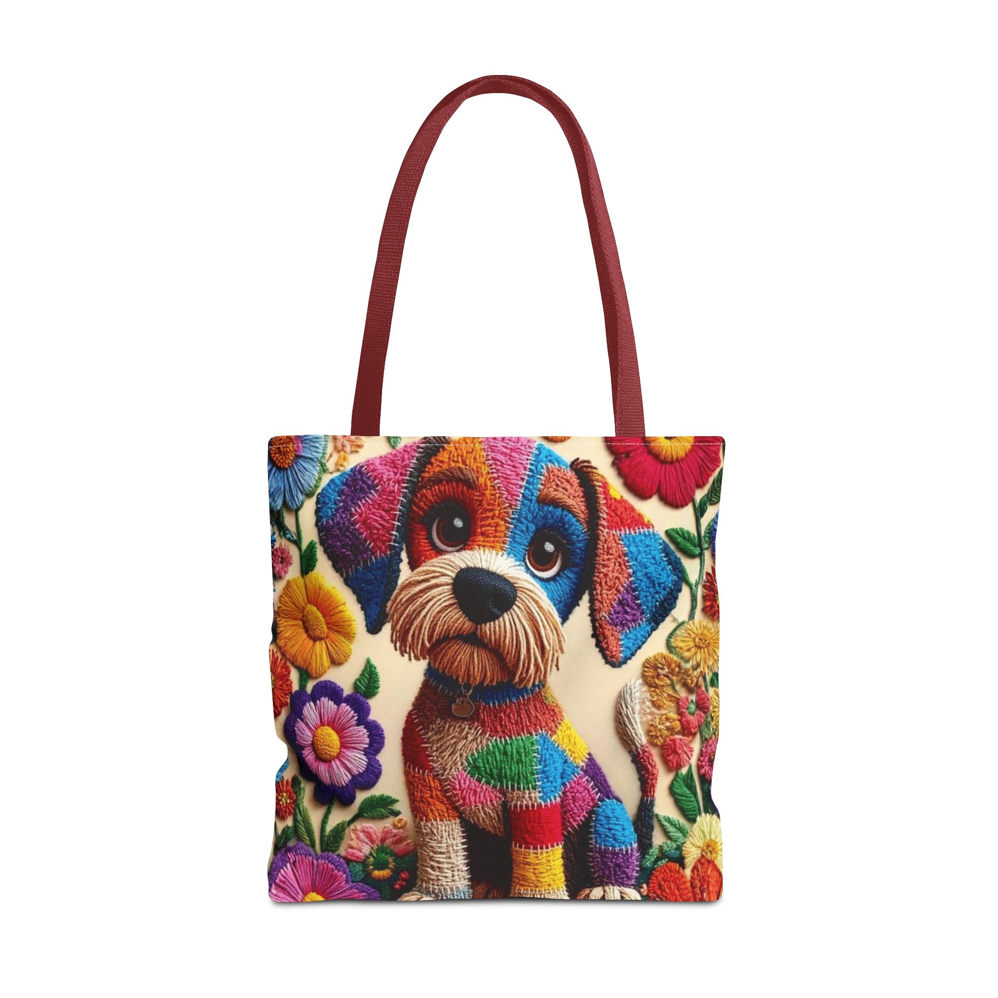 Colorful Patchwork Puppy Tote Bag — Cute Dog Floral AOP Shopper Crochet-Decorated Tote Bags