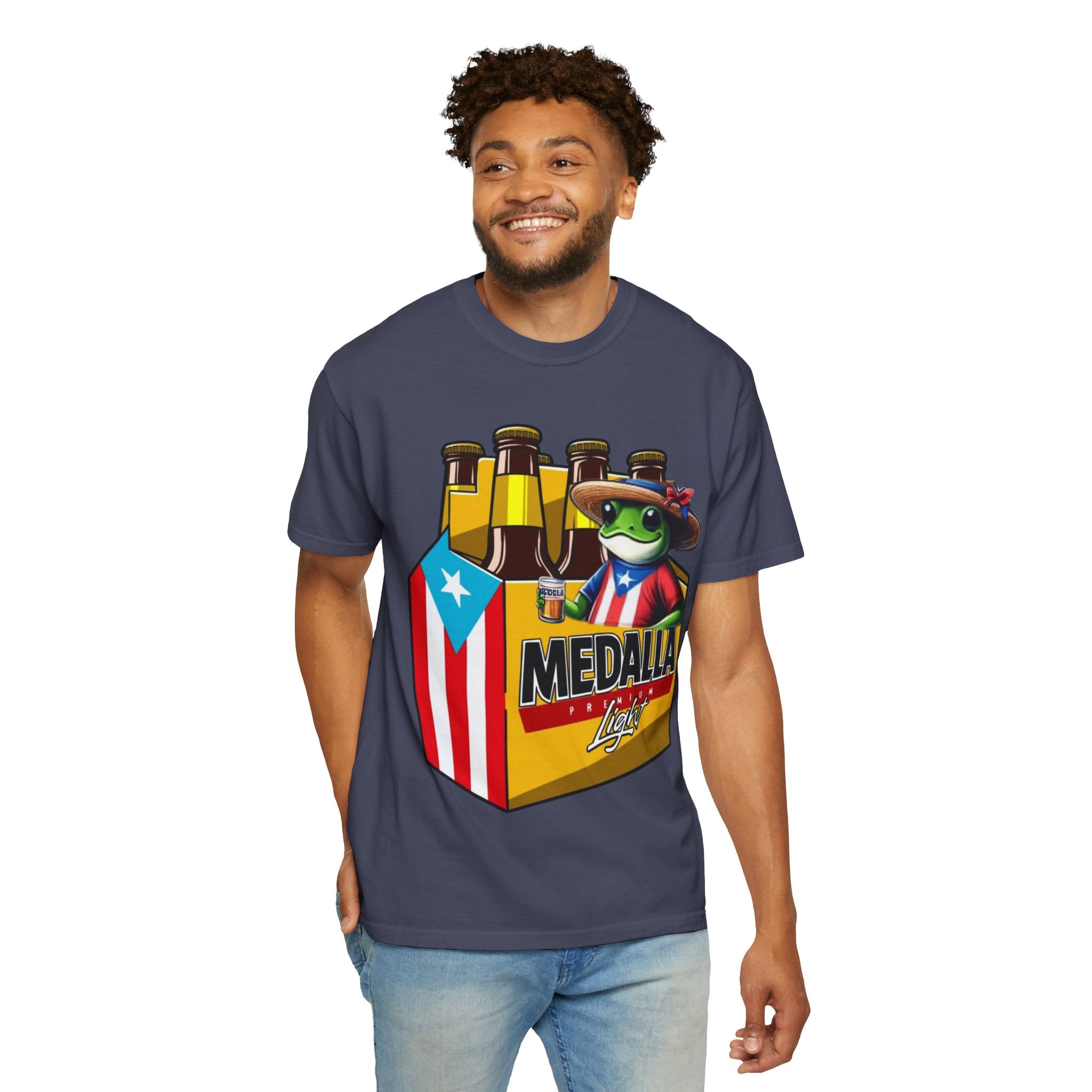 Medalla Light Puerto Rican Beer T-Shirt Coqui Frog Mascot Six-Pack Graphic Tee Puerto Rico’s Navidades