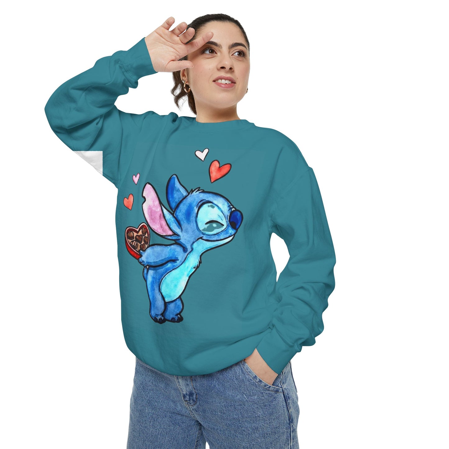 Stitch Valentine Sweatshirt — Cute Blue Alien with Hearts & Chocolate Pocket