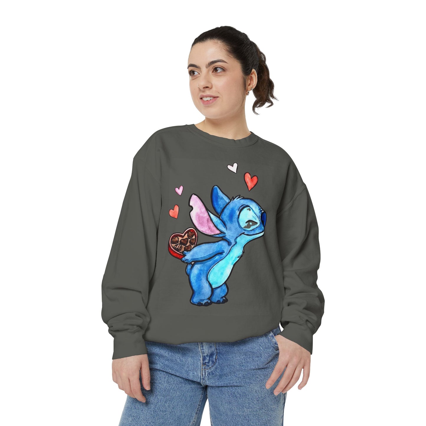 Stitch Valentine Sweatshirt — Cute Blue Alien with Hearts & Chocolate Pocket