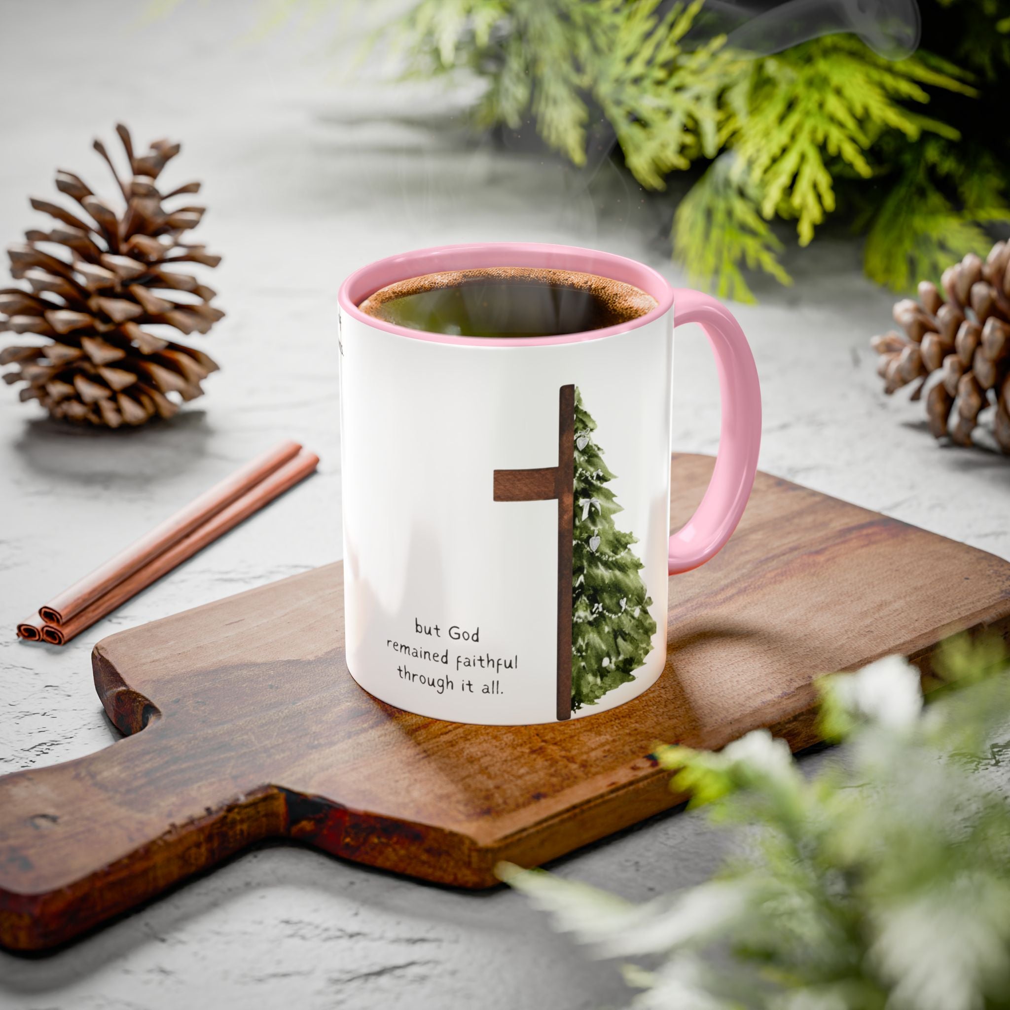 Christian Cross & Pine Tree Mug — Faith Reminder Coffee Cup (11oz/15oz)