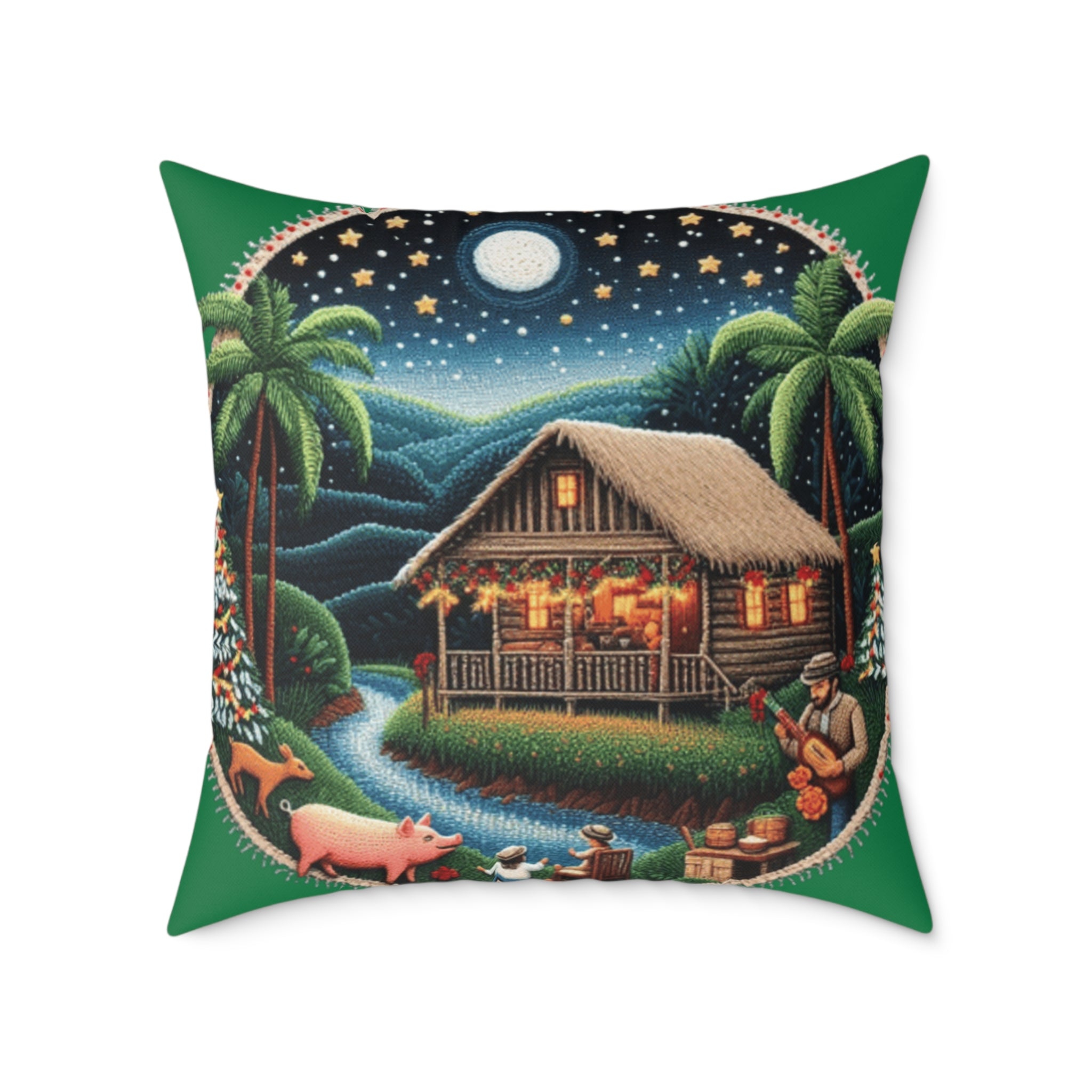 Island Night Cottage Pillow  Tropical Moonlit Cabin Throw Pillow Puerto Rico Culture Pillow