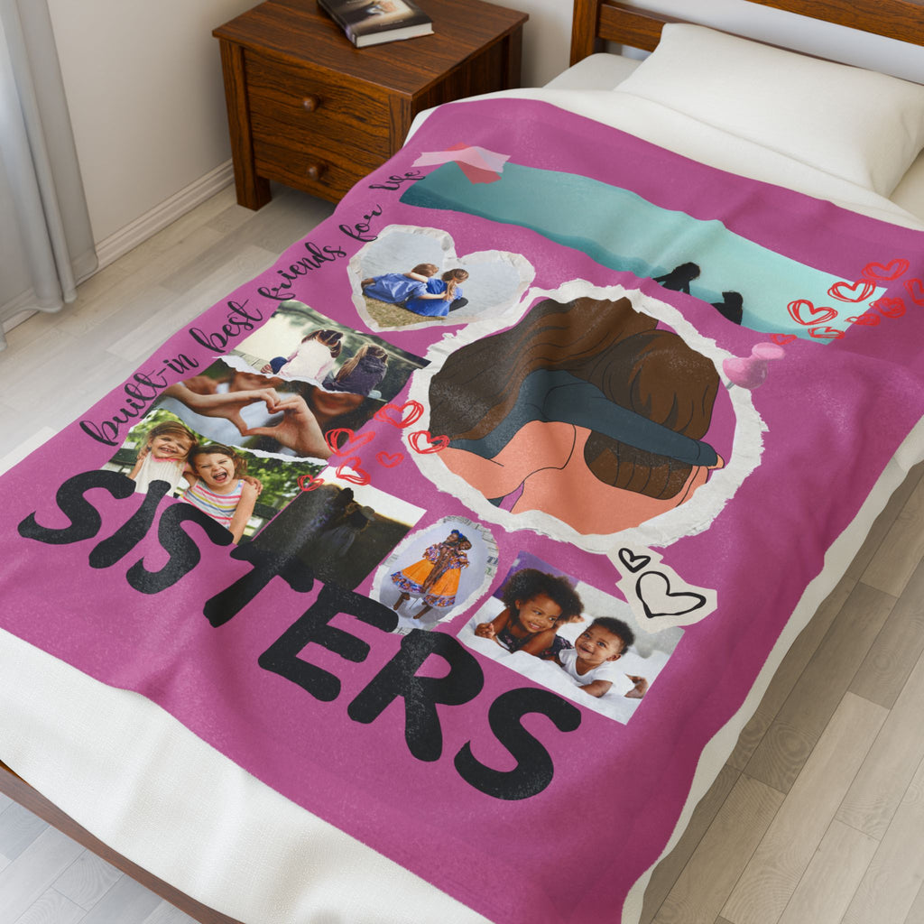 Sisters Velveteen Plush Blanket "Sisters" Photo Collage Keepsake Blanket Gift for Sister