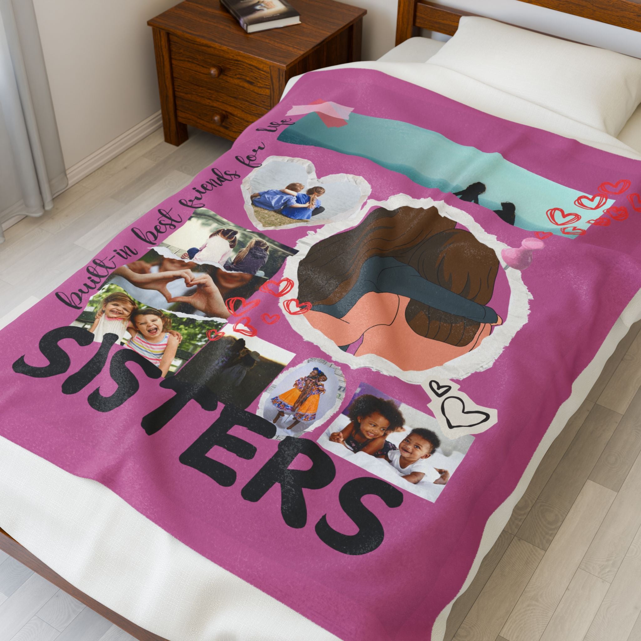 Sisters Velveteen Plush Blanket "Sisters" Photo Collage Keepsake Blanket Gift for Sister