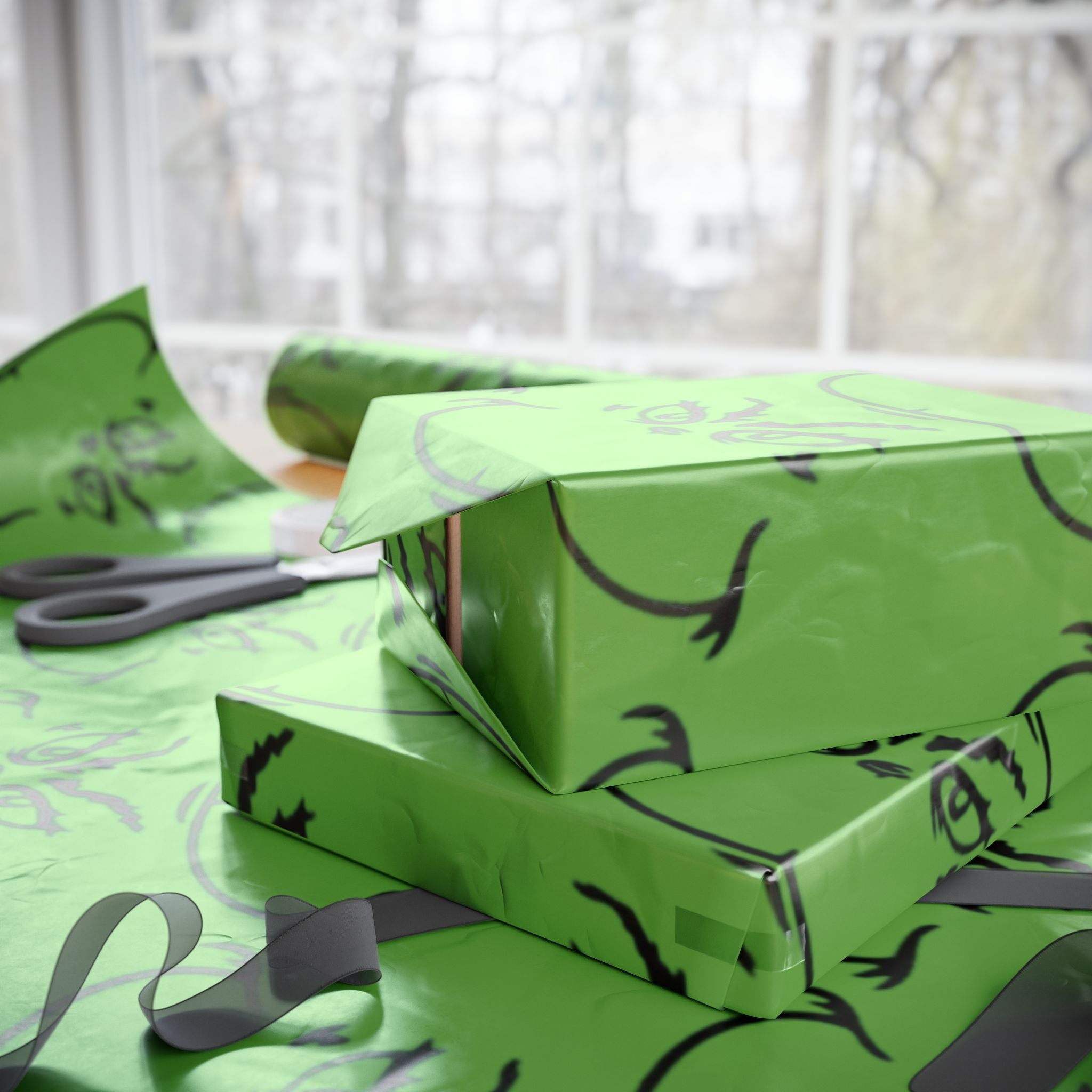 The Grench Wrapping Paper Roll  Green Tribal Swirl Gift Wrap (Holiday & Birthday)