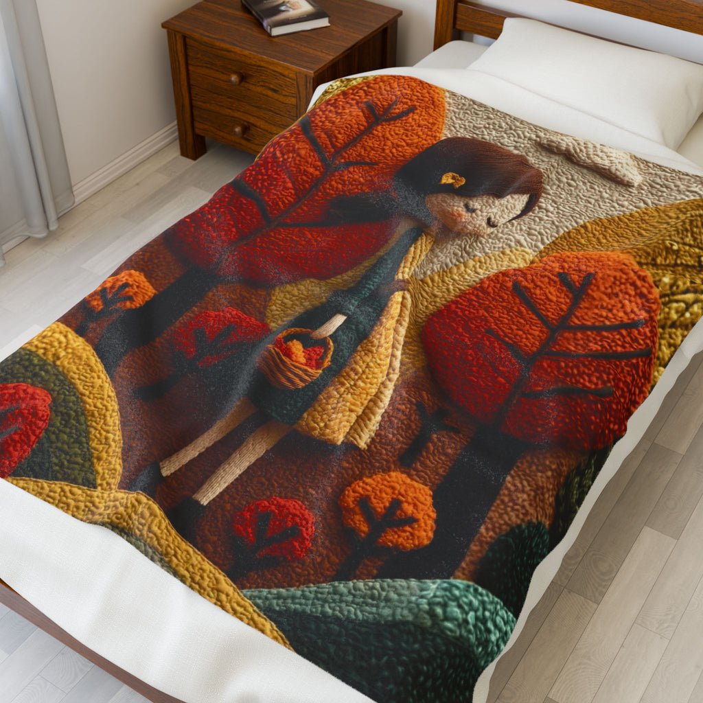 Autumn Forest Girl Plush Blanket — Cozy Velveteen Fall Throw