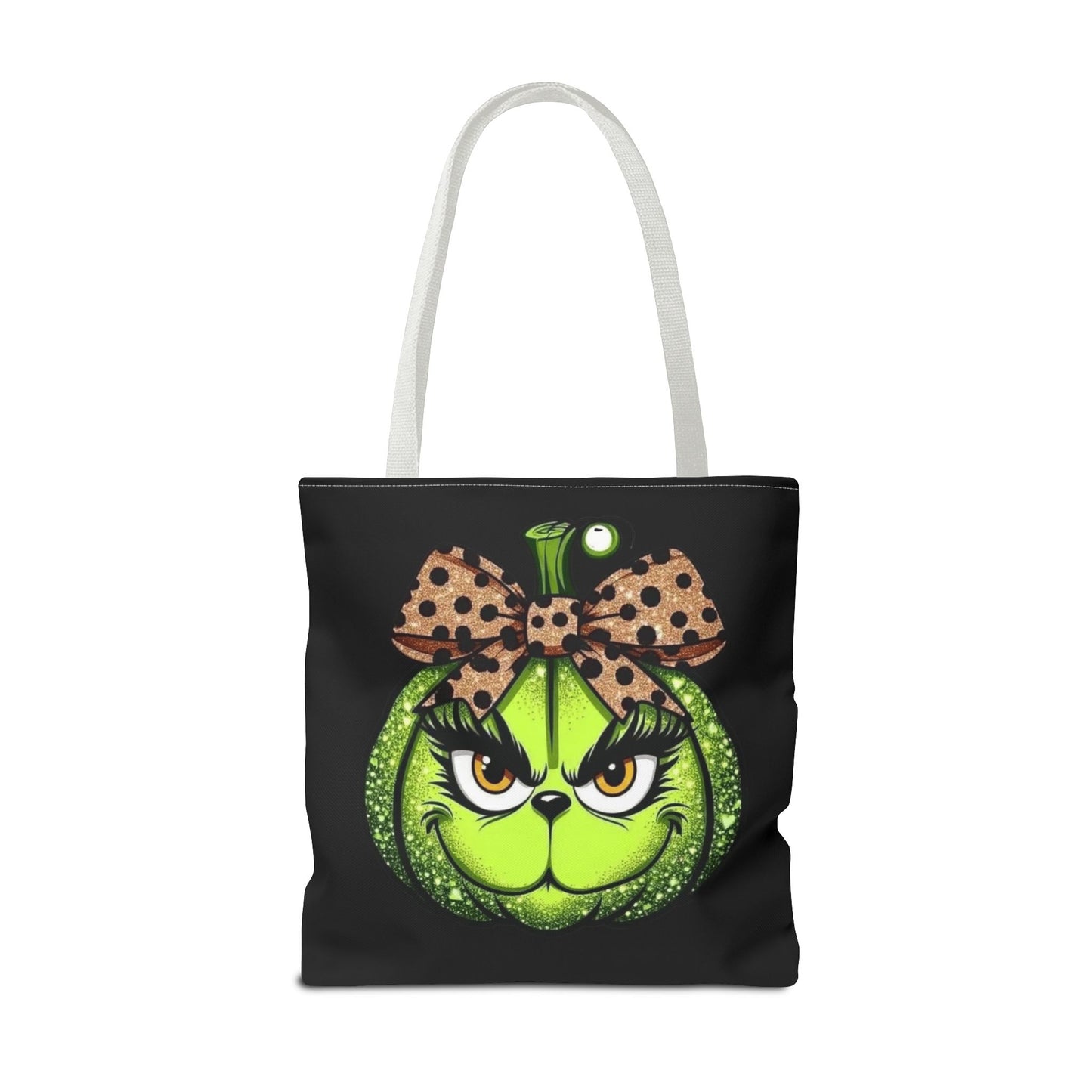 Grinch-Inspired Tote Bag with Polka Dot Bow Christmas Tote Bag Festive Holiday Design
