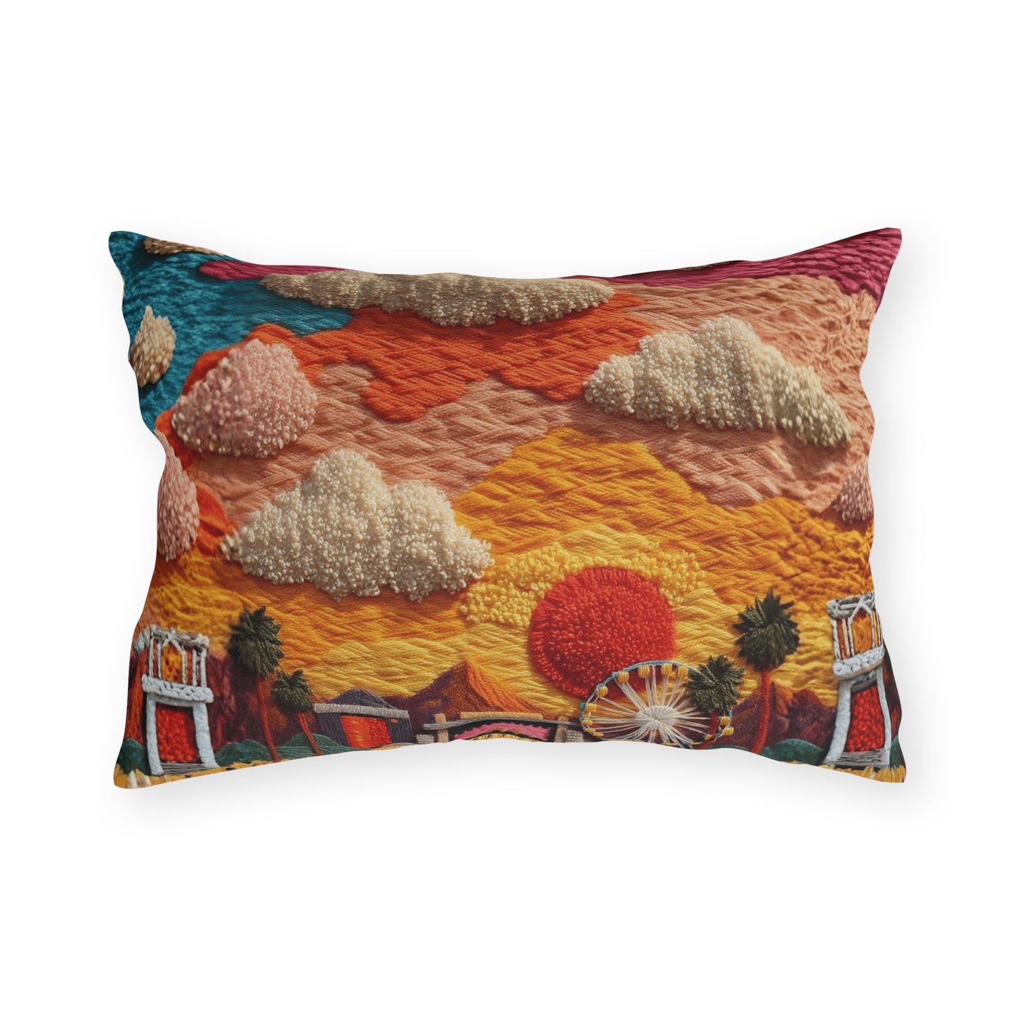 Retro Festival Outdoor Pillow — Sunset Carnival Embroidered Design