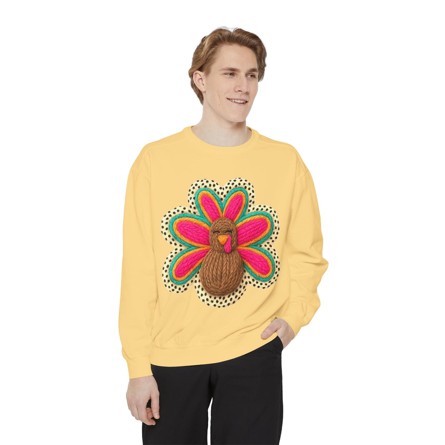Festive Holiday Designs Turkey Patch Sweatshirt — Colorful Embroidered Thanksgiving Pullover