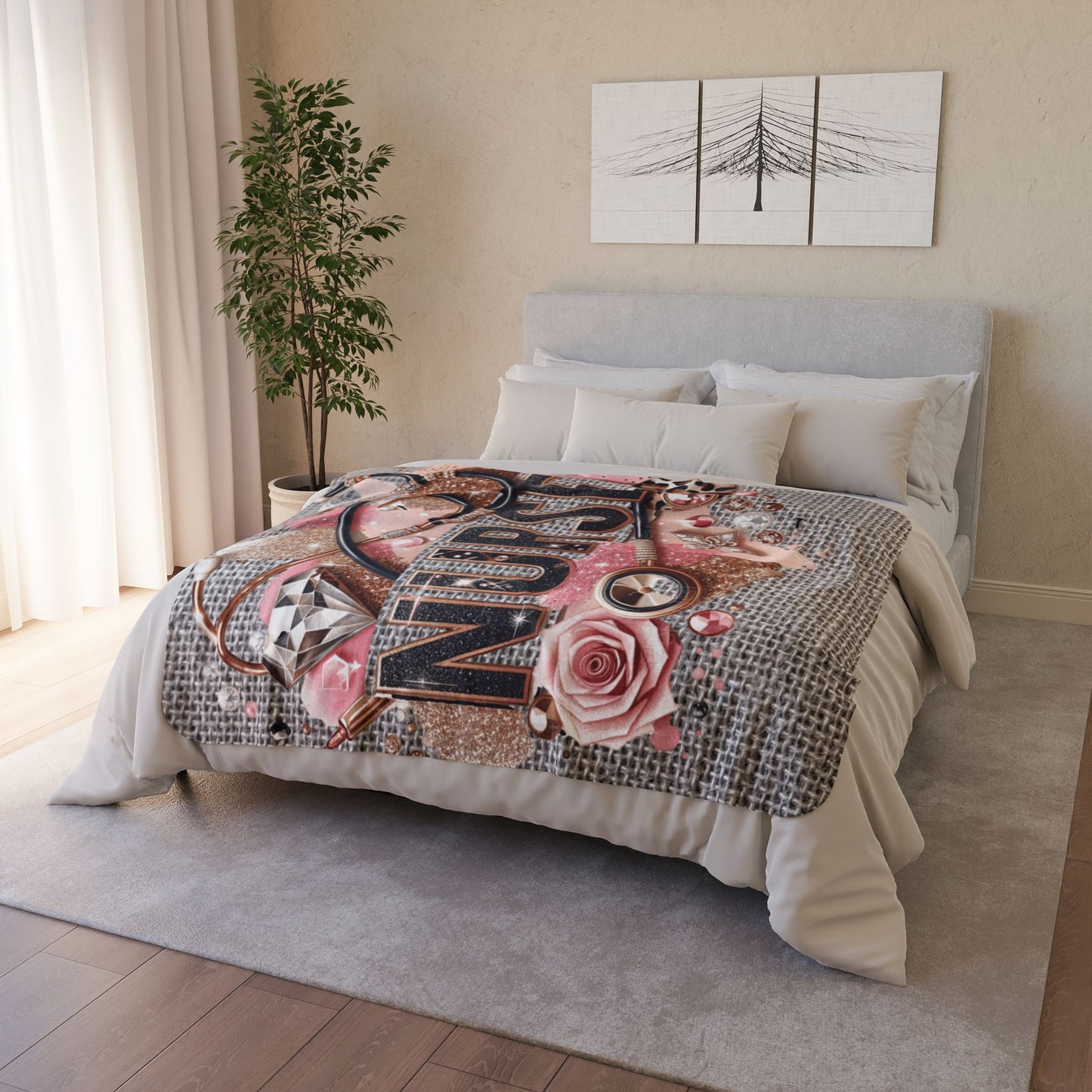 Nurse Fleece Sherpa Blanket — Pink Glam Stethoscope & Roses Cozy Throw