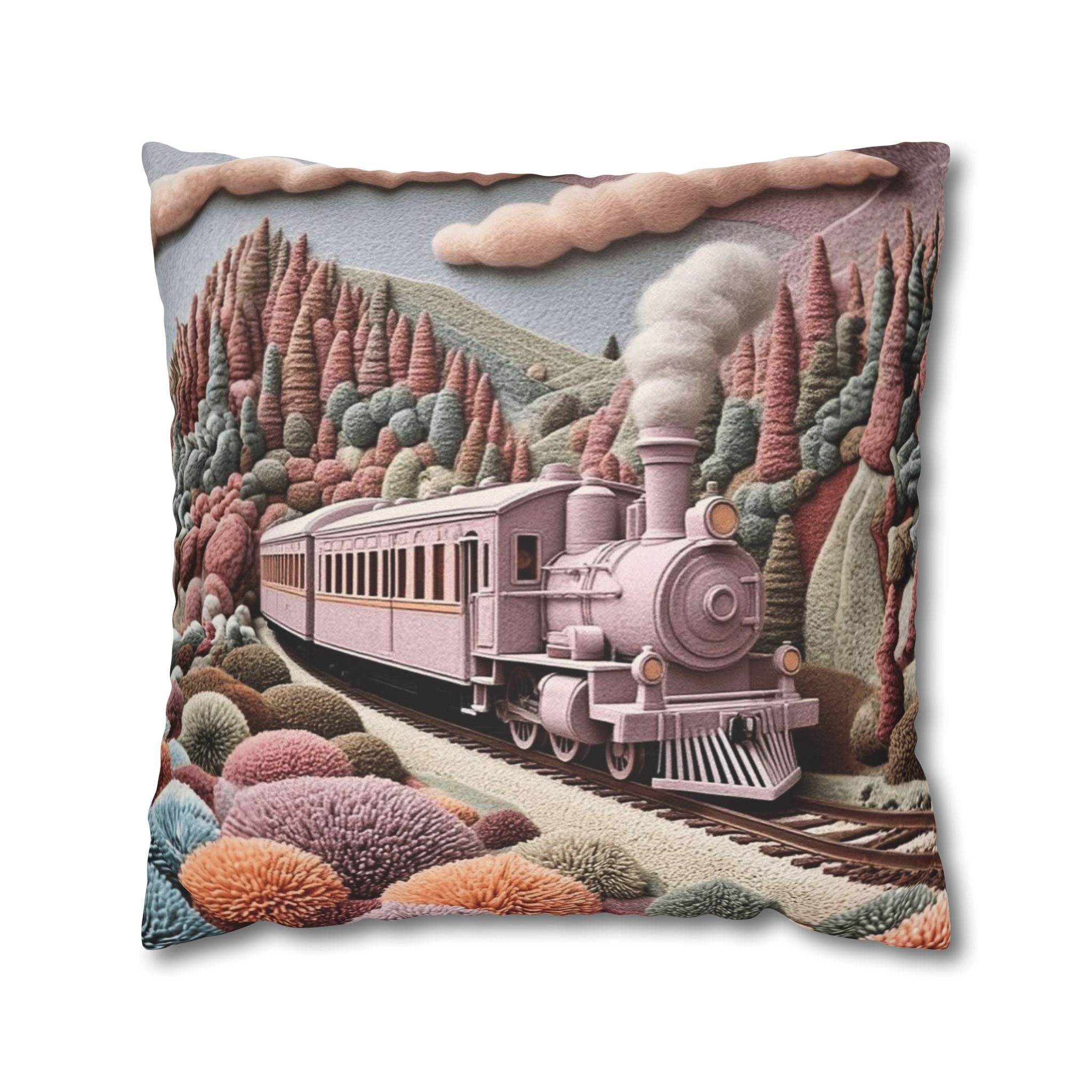 Vintage Pink Train Decorative Pillow – Whimsical Scenic Throw Pillowcase