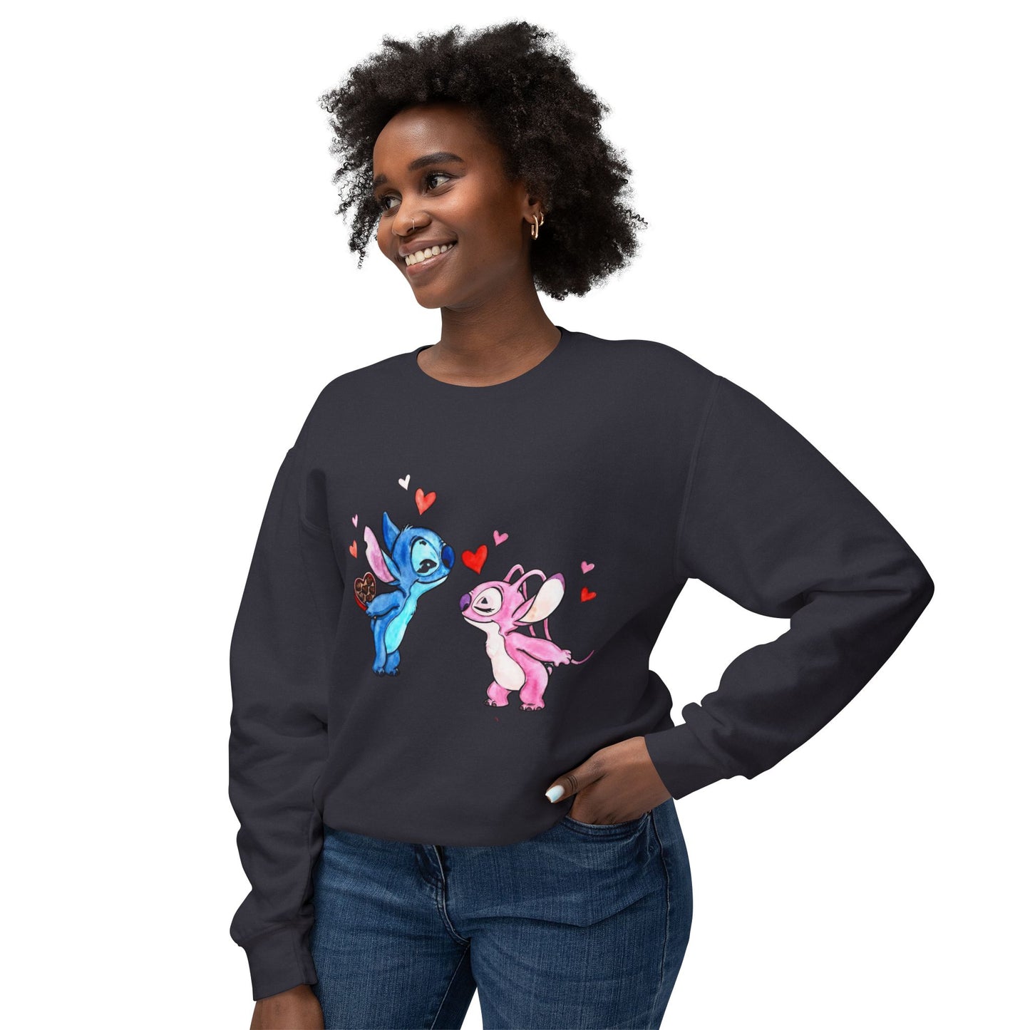Cute Stitch Valentine Sweatshirt — Blue & Pink Love Characters with Hearts