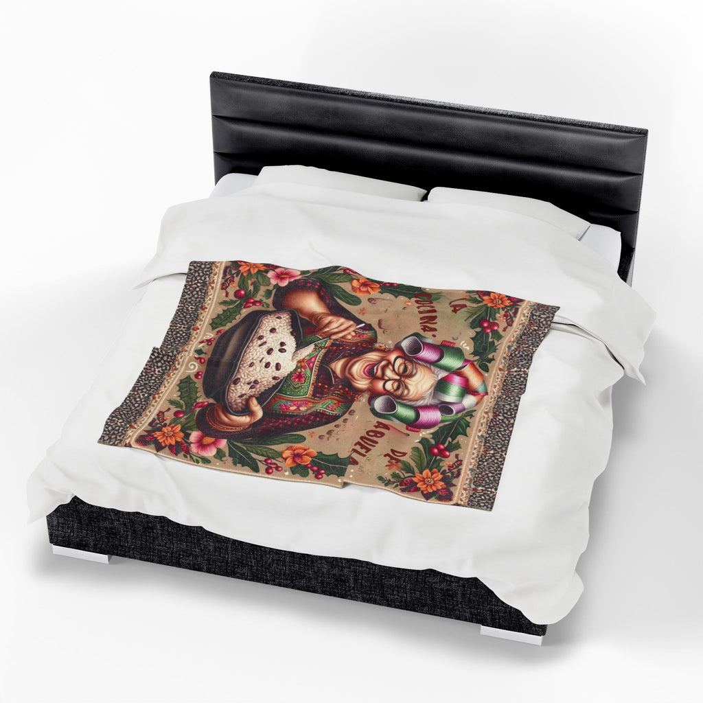 Grandma’s Cocina Velveteen Plush Blanket —Abuela Cooking Illustration Throw