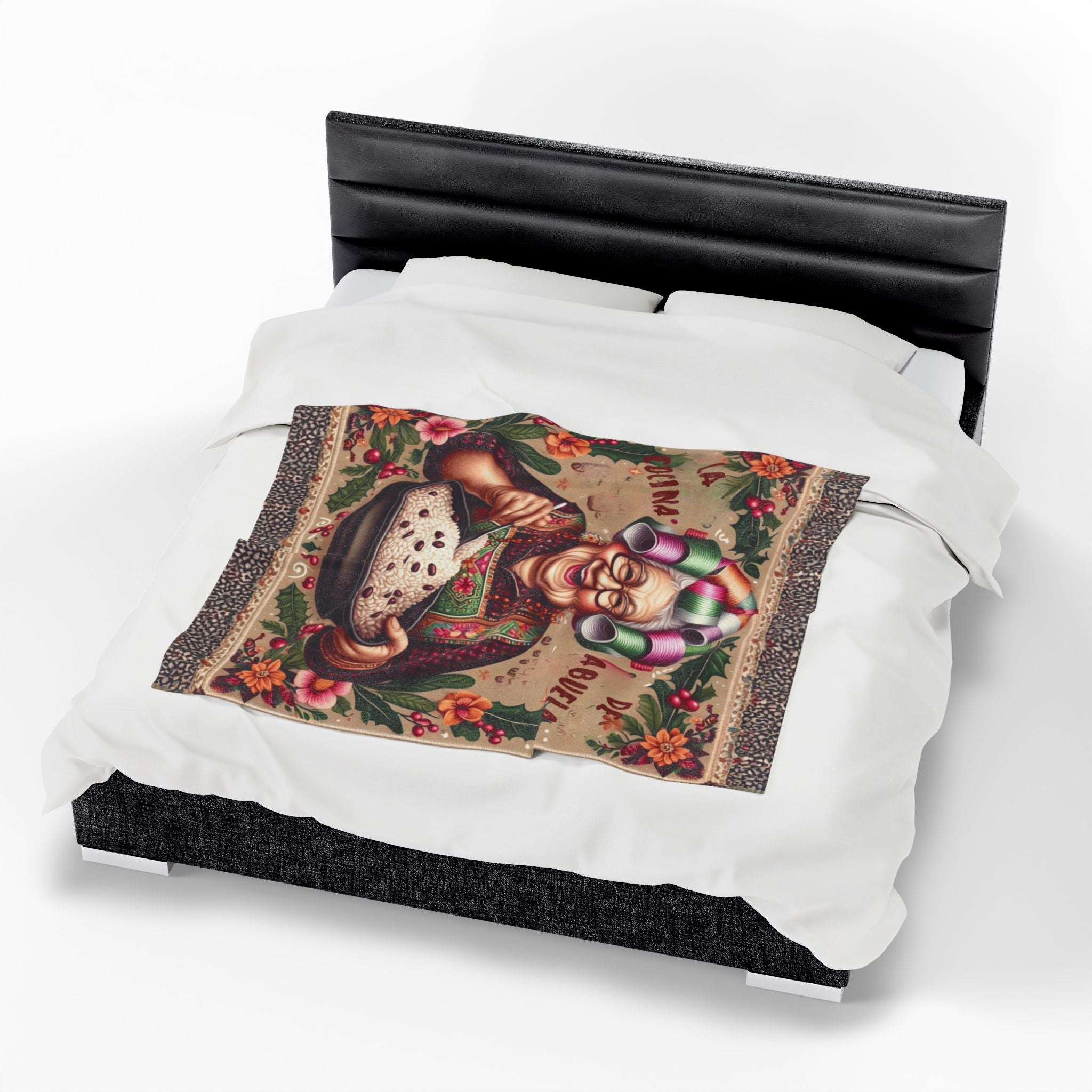 Grandma’s Cocina Velveteen Plush Blanket —Abuela Cooking Illustration Throw