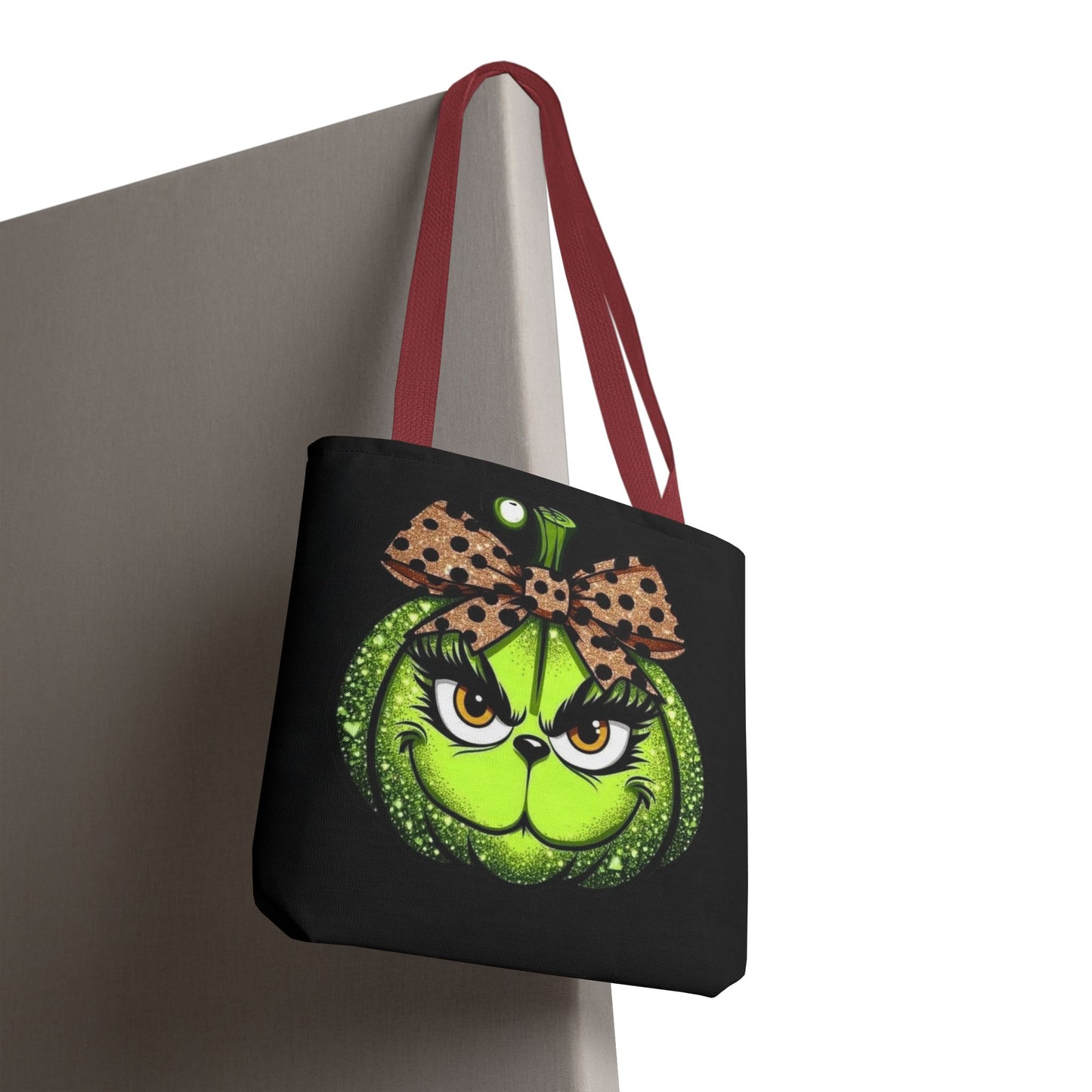 Grinch-Inspired Tote Bag with Polka Dot Bow Christmas Tote Bag Festive Holiday Design