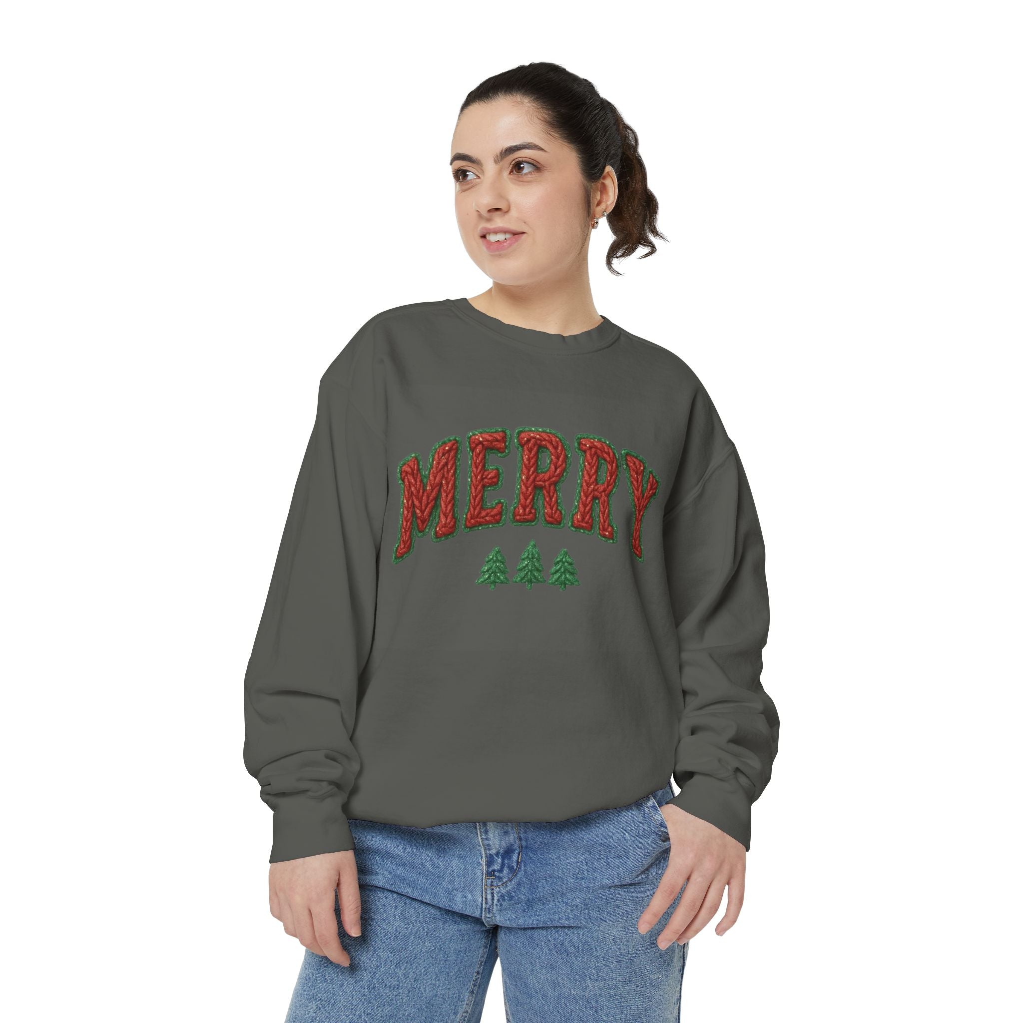 Merry Holiday Sweatshirt — Cozy Christmas Pullover with Tree Graphics Festive Holiday Designs