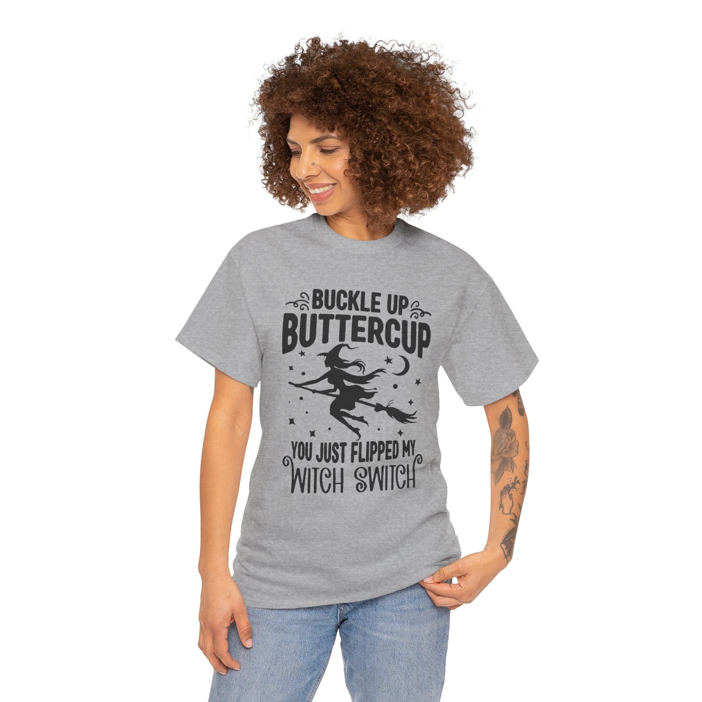 Witchy Humor Tee - Buckle Up Buttercup, Unisex Heavy Cotton Tee, Halloween Shirt, Casual Wear, Gift for Her, Funny T-Shirt