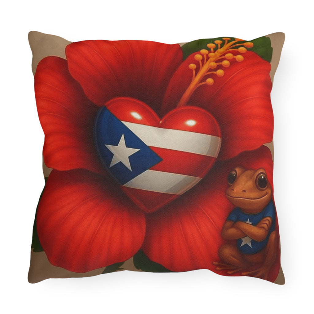 Puerto Rico Heart Flag Outdoor Pillow — Coquí & Hibiscus Patio Cushion Puerto Rico Culture Pillow