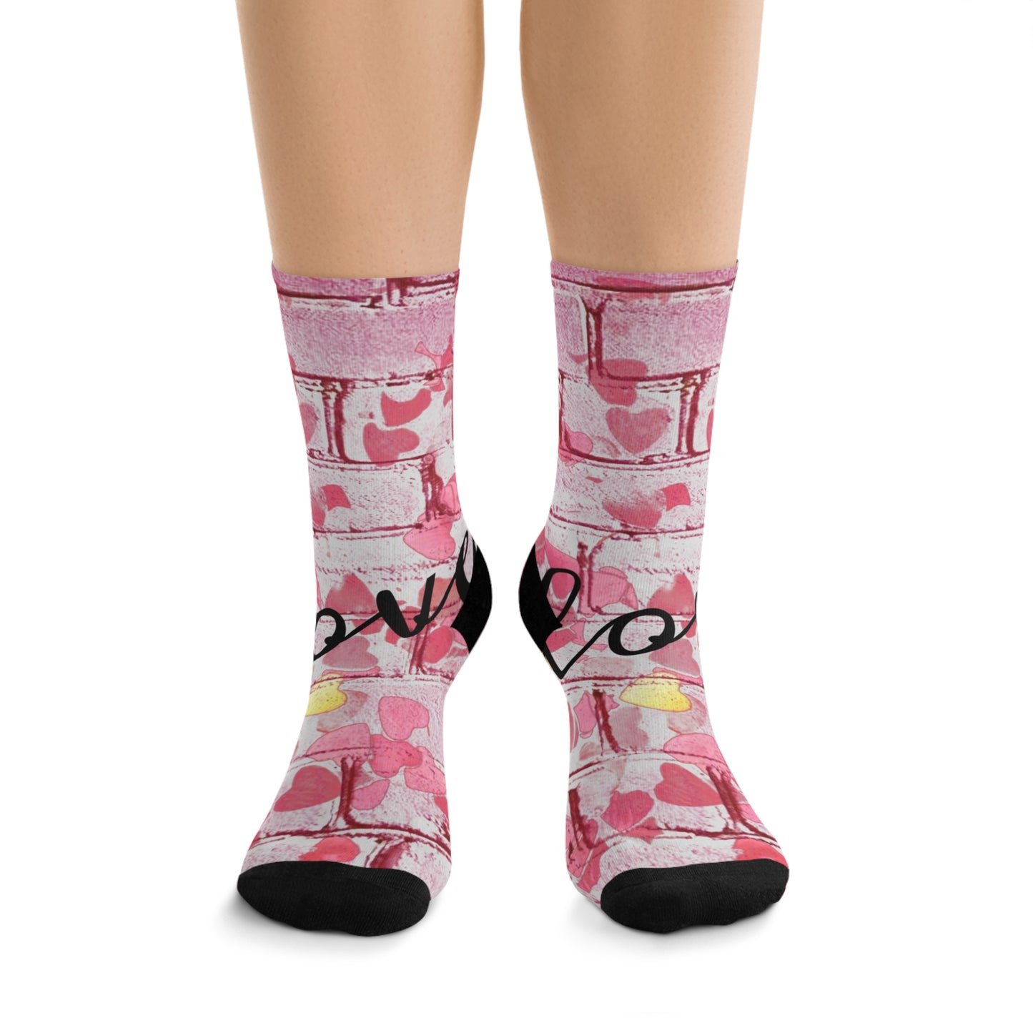 Pink Heart Brick Wall Socks  'Love' Graphic Recycled Polyester Crew Socks