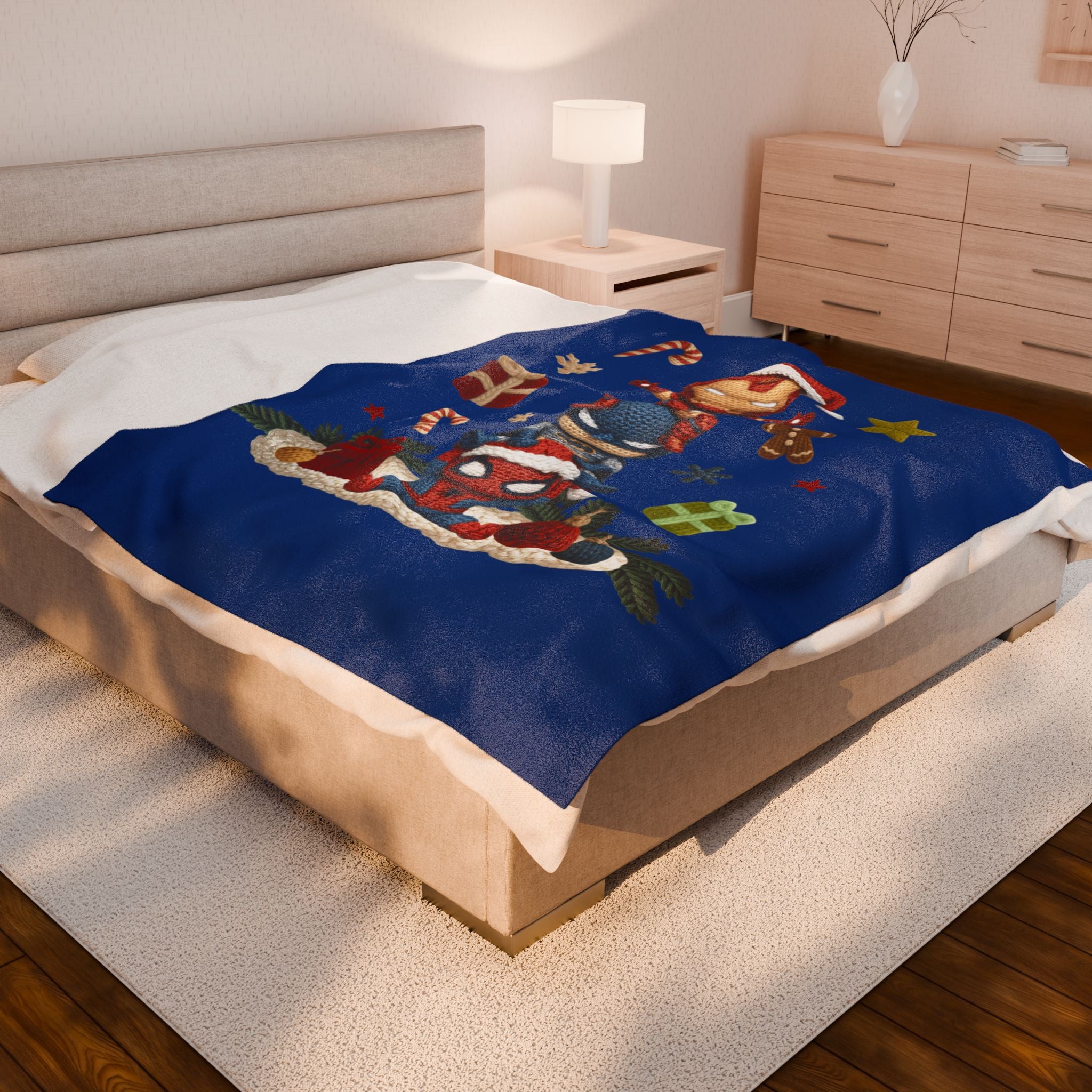 Plush Holiday Marvel Blanket — Cute Iron Man, Captain America & Spider-Man Stack with Christmas Gifts