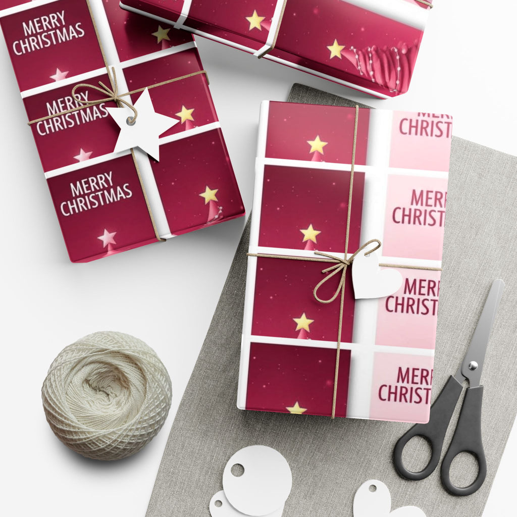 Christmas Gift Wrap Paper - Pink Merry Christmas Star & Tree Holiday Wrapping Sheets