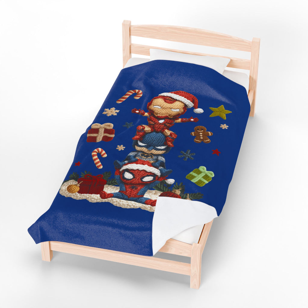 Plush Holiday Marvel Blanket — Cute Iron Man, Captain America & Spider-Man Stack with Christmas Gifts