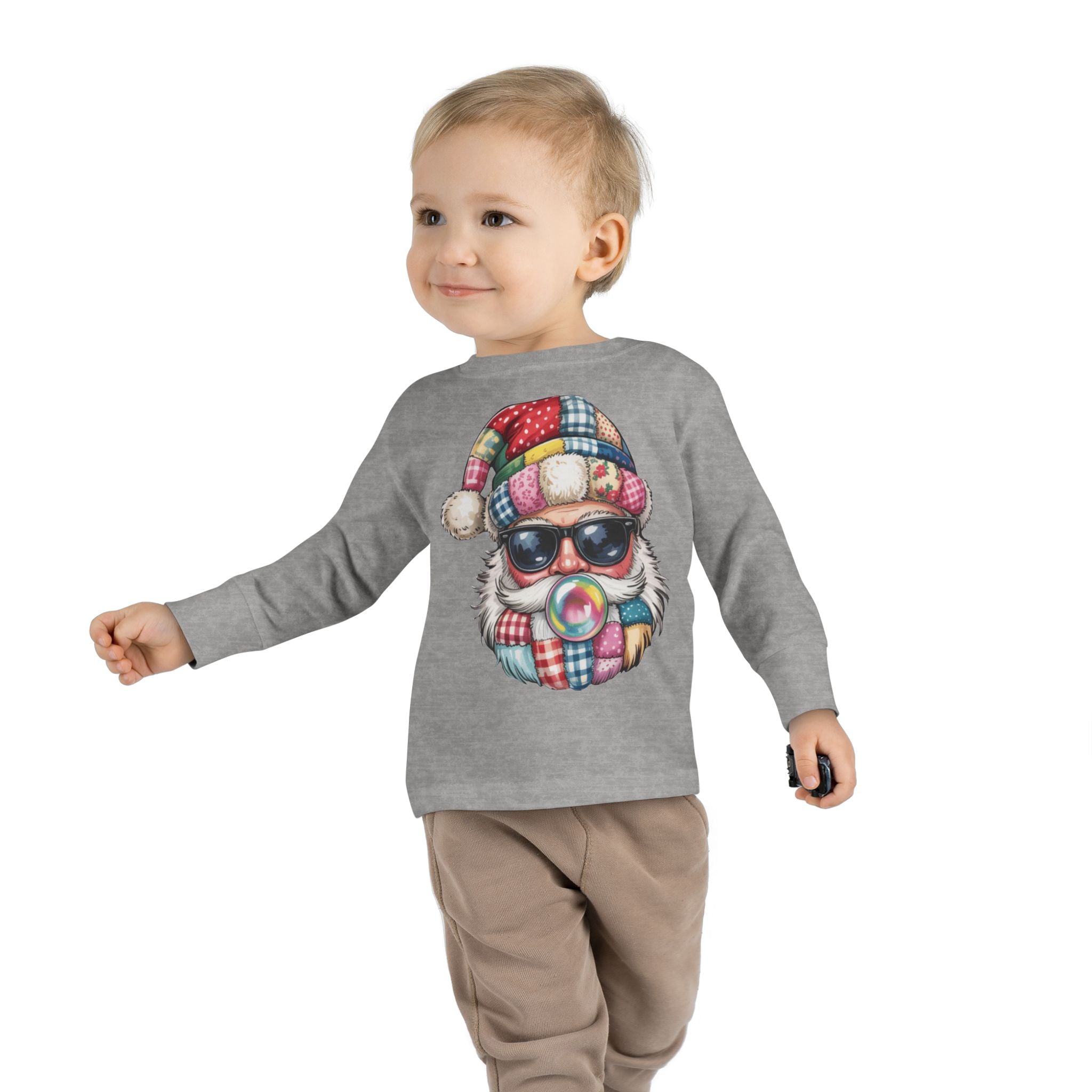 Toddler Long Sleeve Tee  Cool Santa with Patchwork Hat & Bubblegum Graphic