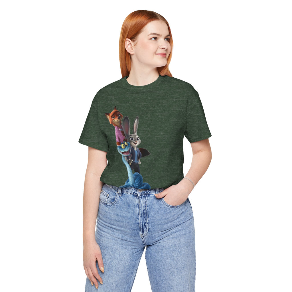 Animated Character Tee — Cute Fox & Bunny Stack Graphic T-Shirt  cartoon-style Christmas artwork