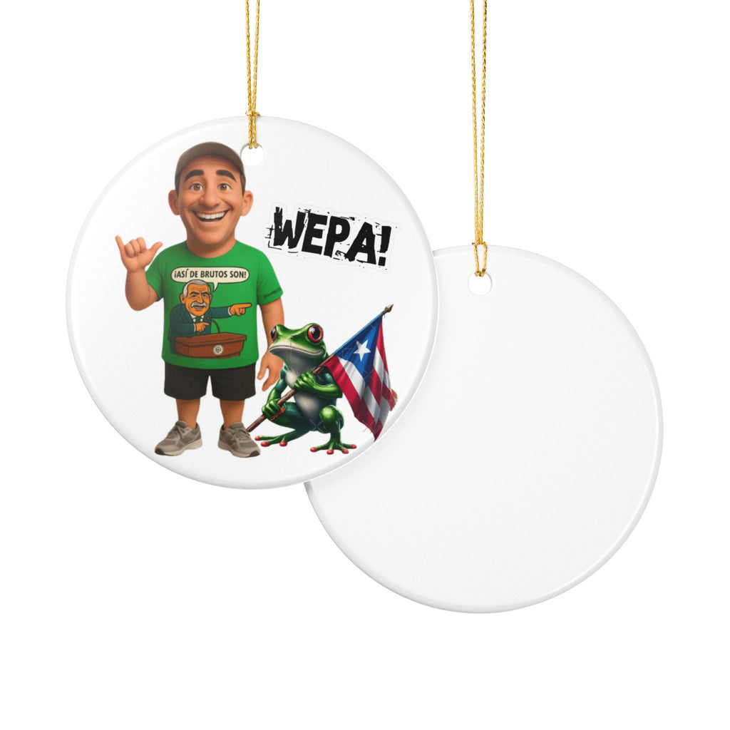 Puerto Rican Wepa! Ceramic Ornament Eliezer Molina & Coqui Frog with Flag