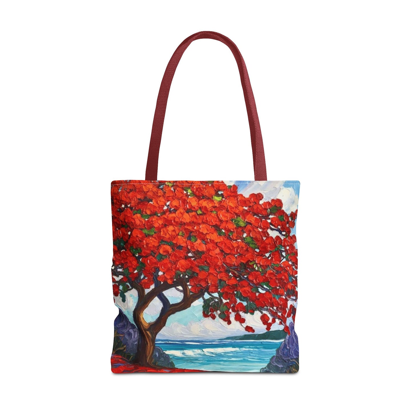 Red Blossom Beach Tote - Tropical Tree Art All-Over Print Tote Bag Crochet-Decorated Tote Bags