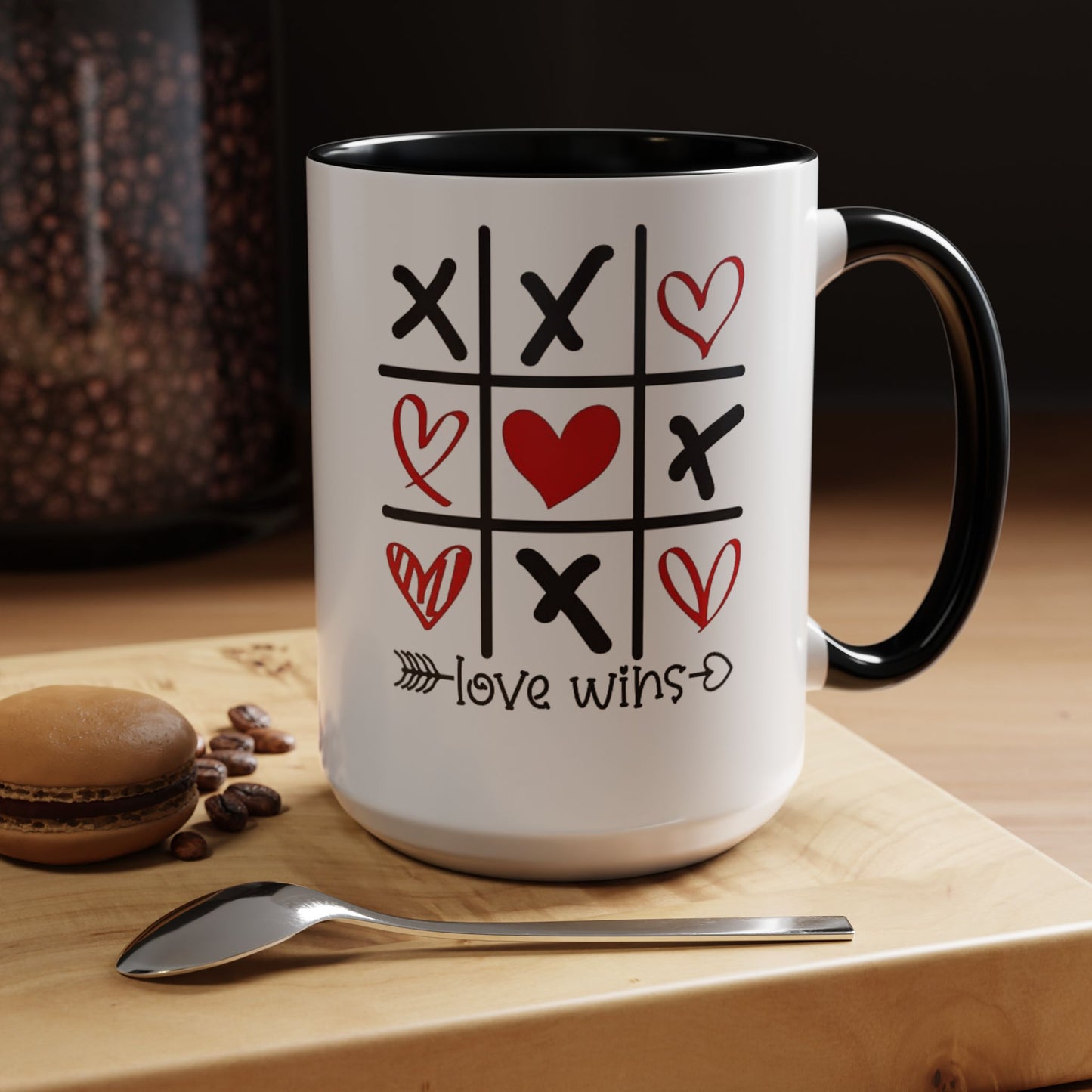 Love Wins Tic-Tac-Toe Heart Accent Coffee Mug — Romantic Valentine 11/15oz