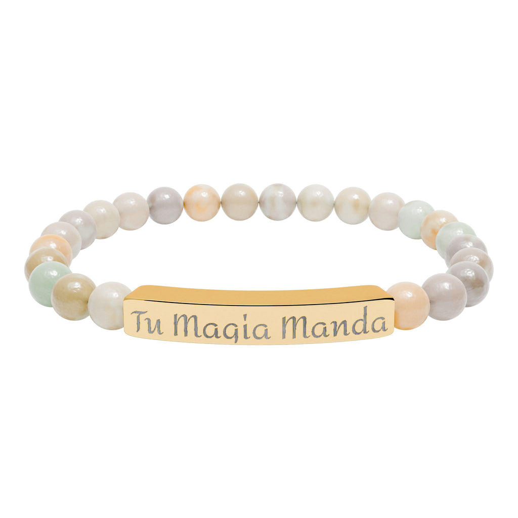 Tu Magia Manda Engravable Natural Stone Stretch Bracelet — Personalized Bar Bead Bracelet