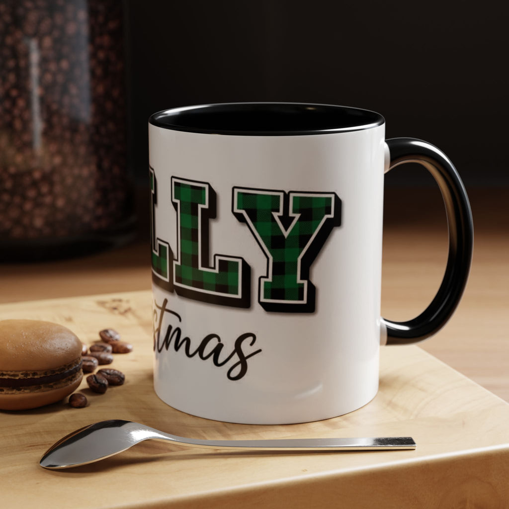 Holly Christmas Accent Coffee Mug — Green Plaid Holiday Gift (11/15oz)